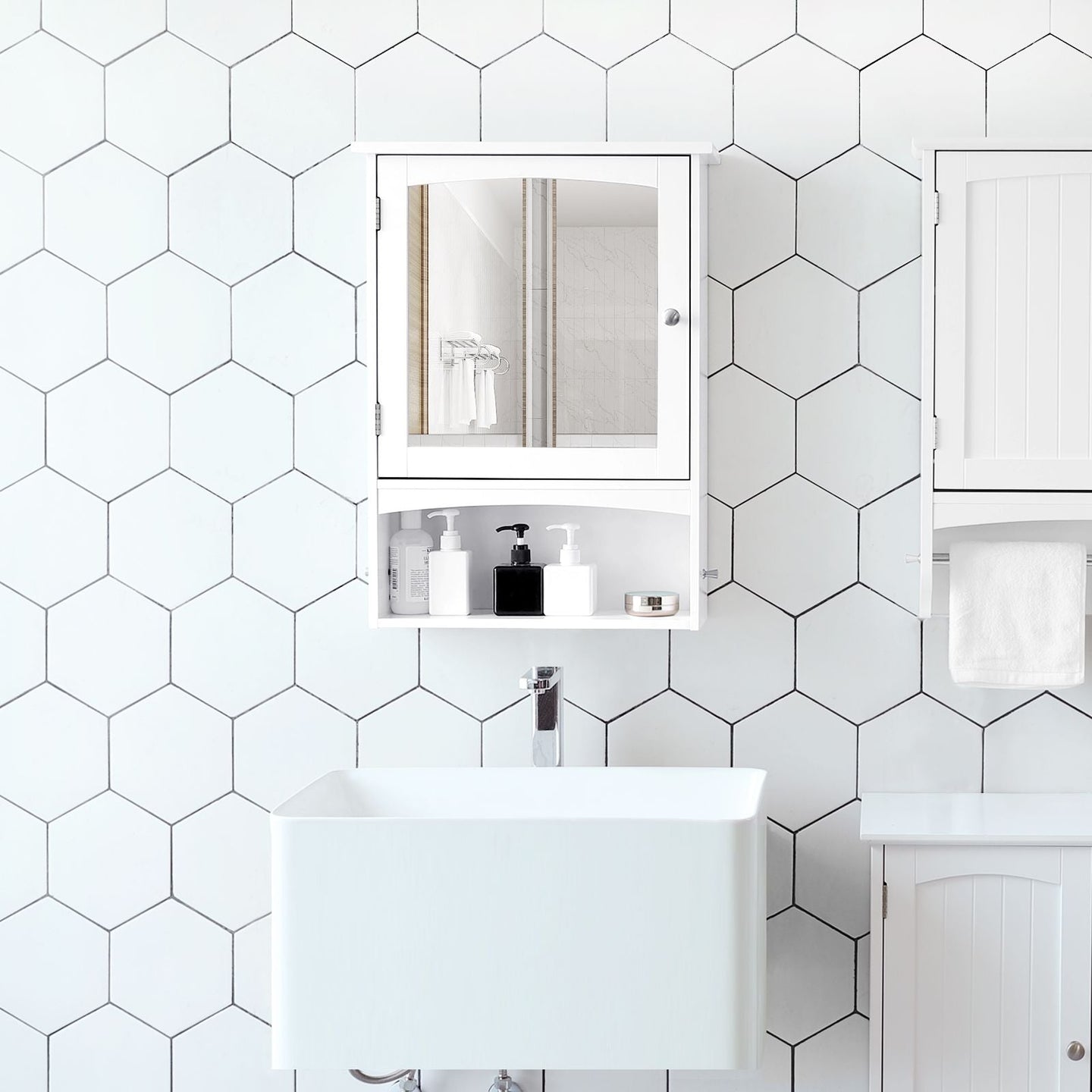 Wall Storage Cabinet - Wood - White - With Open Compartment and Adjustable Shelf