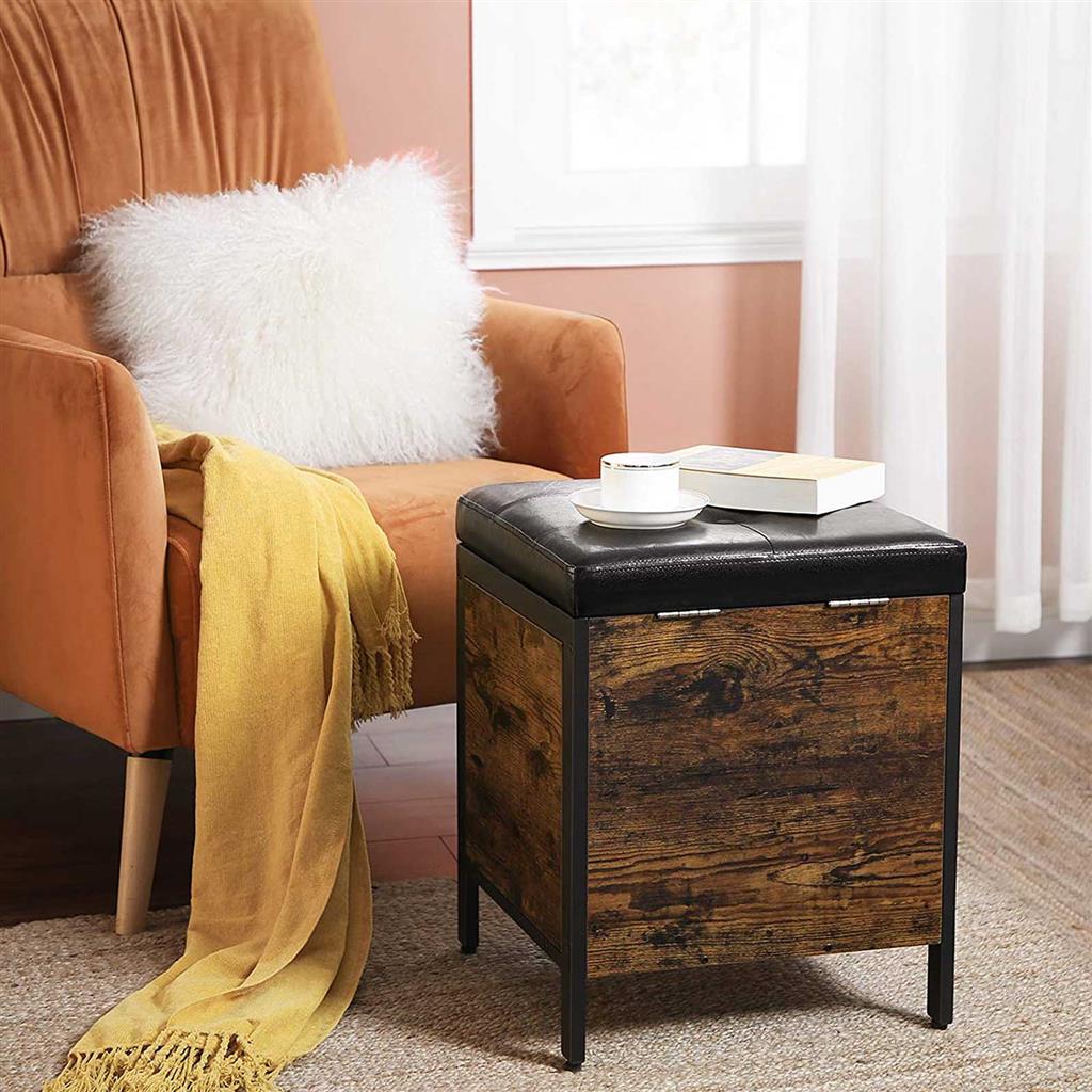 Bedroom Bench - Synthetic Leather - Rustic Brown and Black - Upholstered Seat with Storage