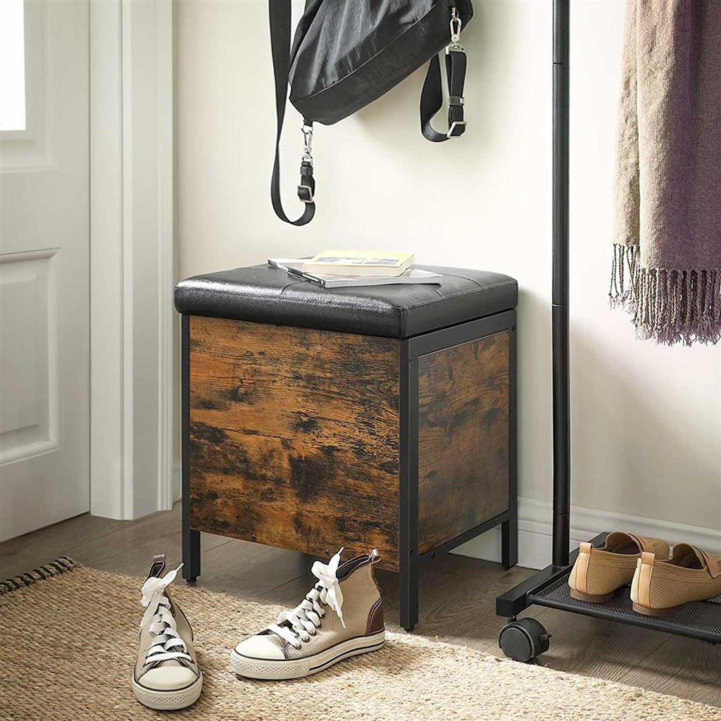 Bedroom Bench - Synthetic Leather - Rustic Brown and Black - Upholstered Seat with Storage