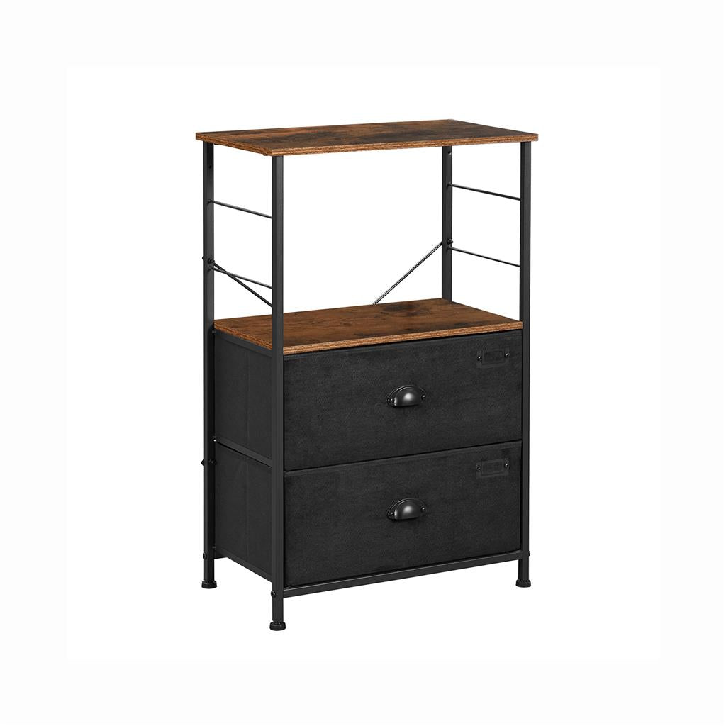 Bedside Table - Wood - Rustic Brown and Black - Vertical Storage with Fabric Drawers