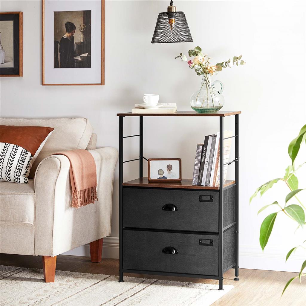 Bedside Table - Wood - Rustic Brown and Black - Vertical Storage with Fabric Drawers