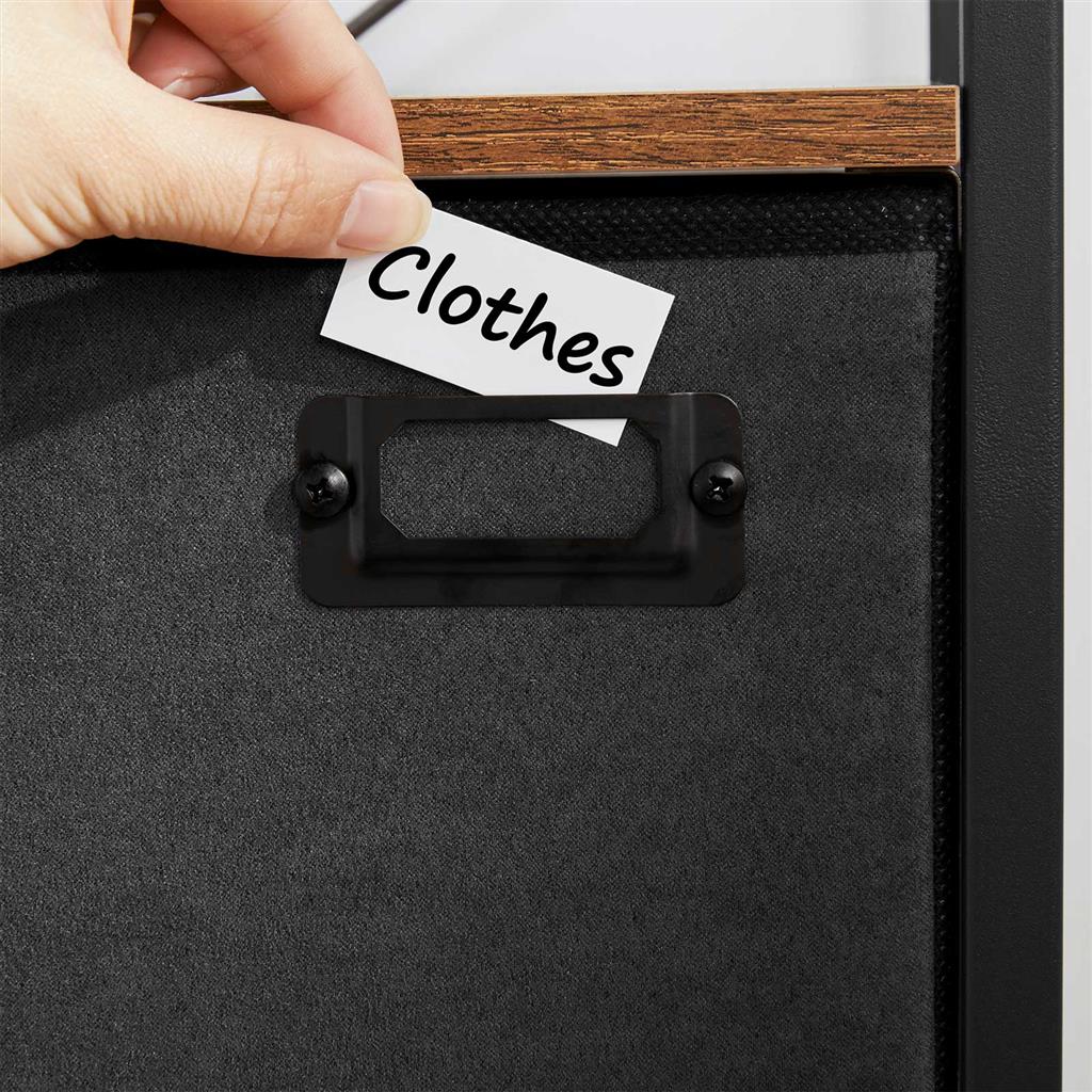 Bedside Table - Wood - Rustic Brown and Black - Vertical Storage with Fabric Drawers