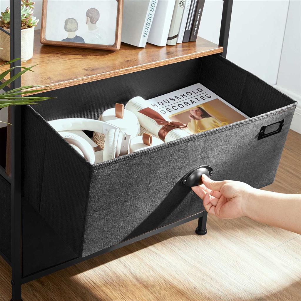 Bedside Table - Wood - Rustic Brown and Black - Vertical Storage with Fabric Drawers