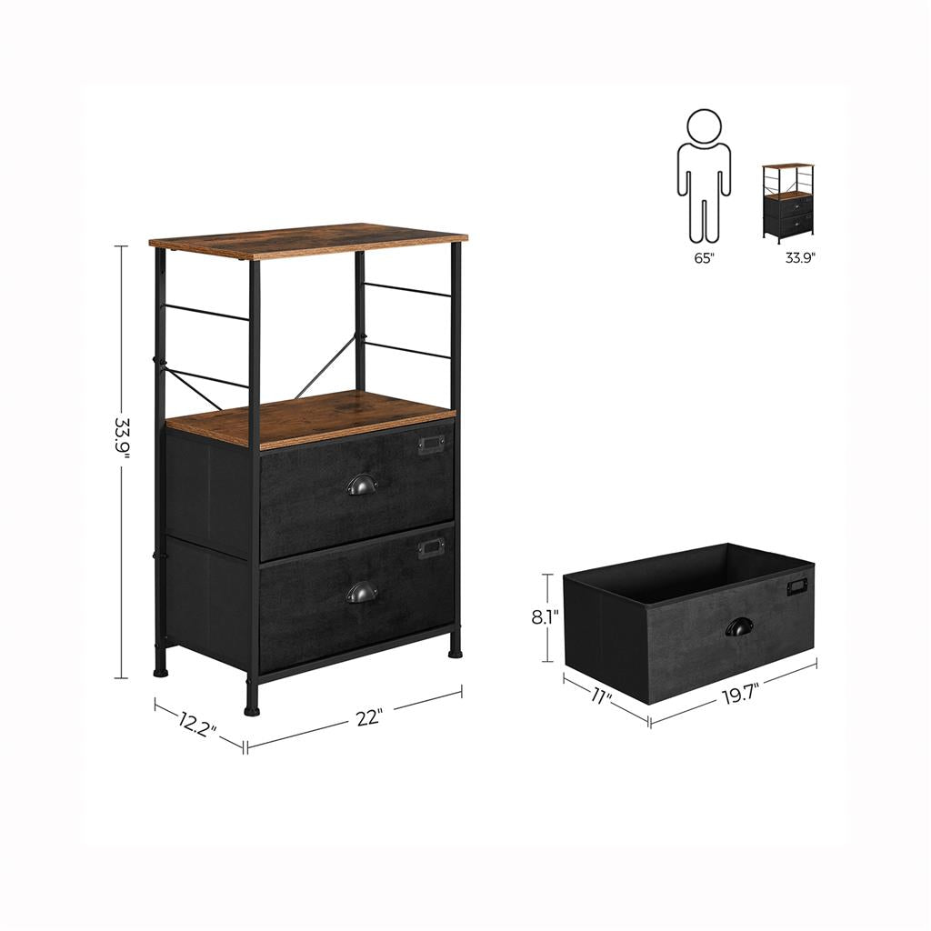 Bedside Table - Wood - Rustic Brown and Black - Vertical Storage with Fabric Drawers