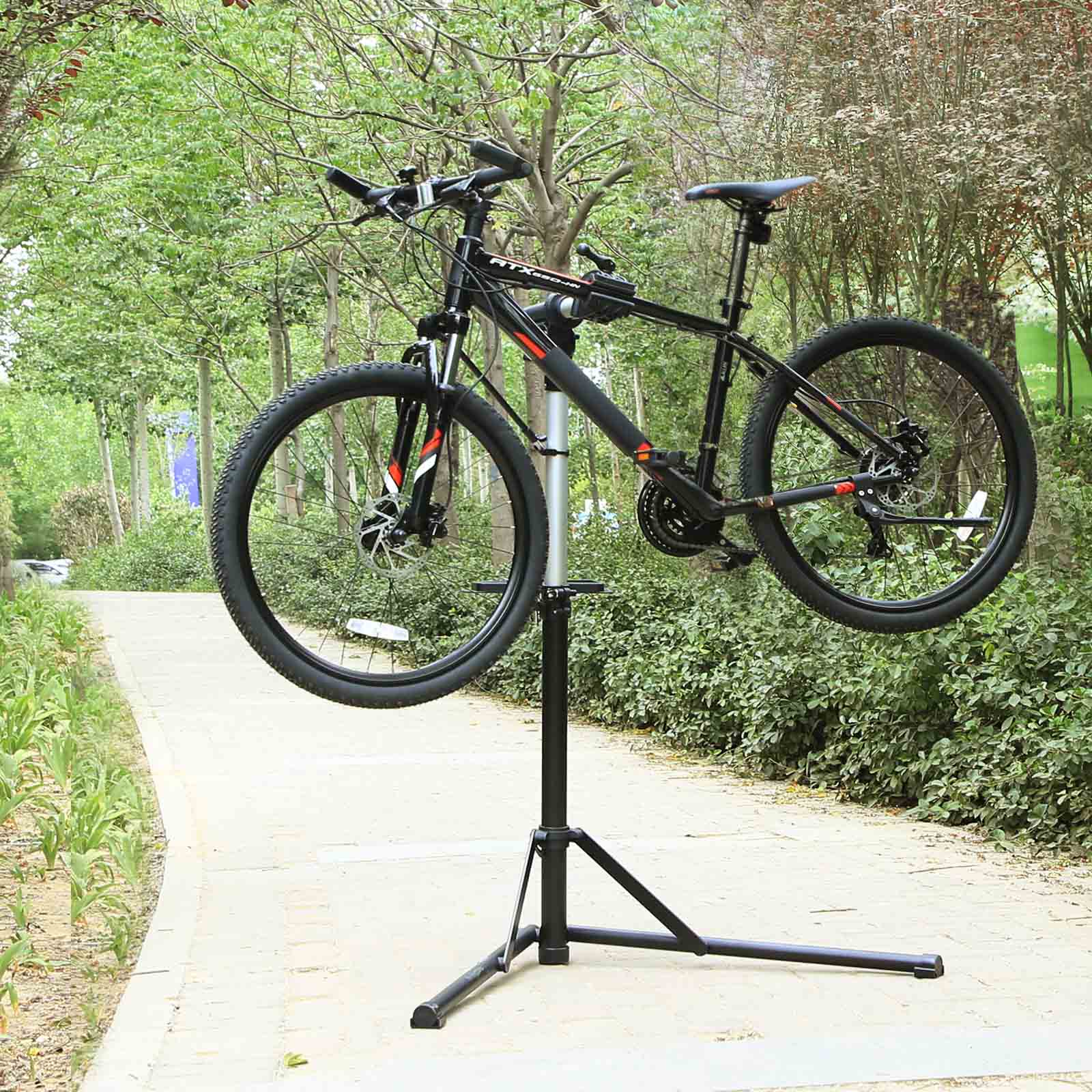 Bike Repair Stand - Aluminium - Black - Adjustable and Portable with Magnetic Tool Tray