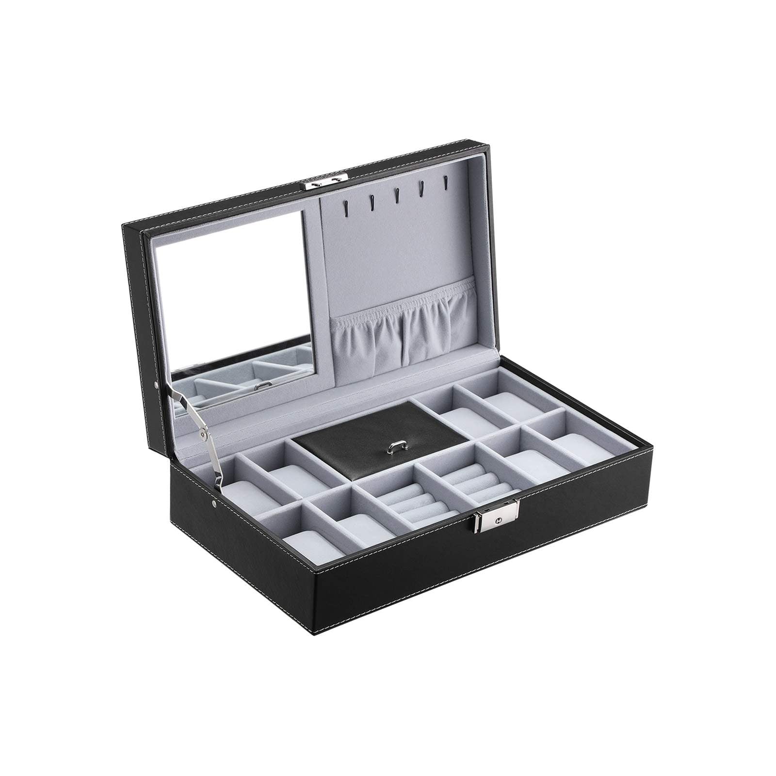 Watch Storage Box - Wood - Black - Lockable with Mirror and Cufflink Compartment for 8 Watches
