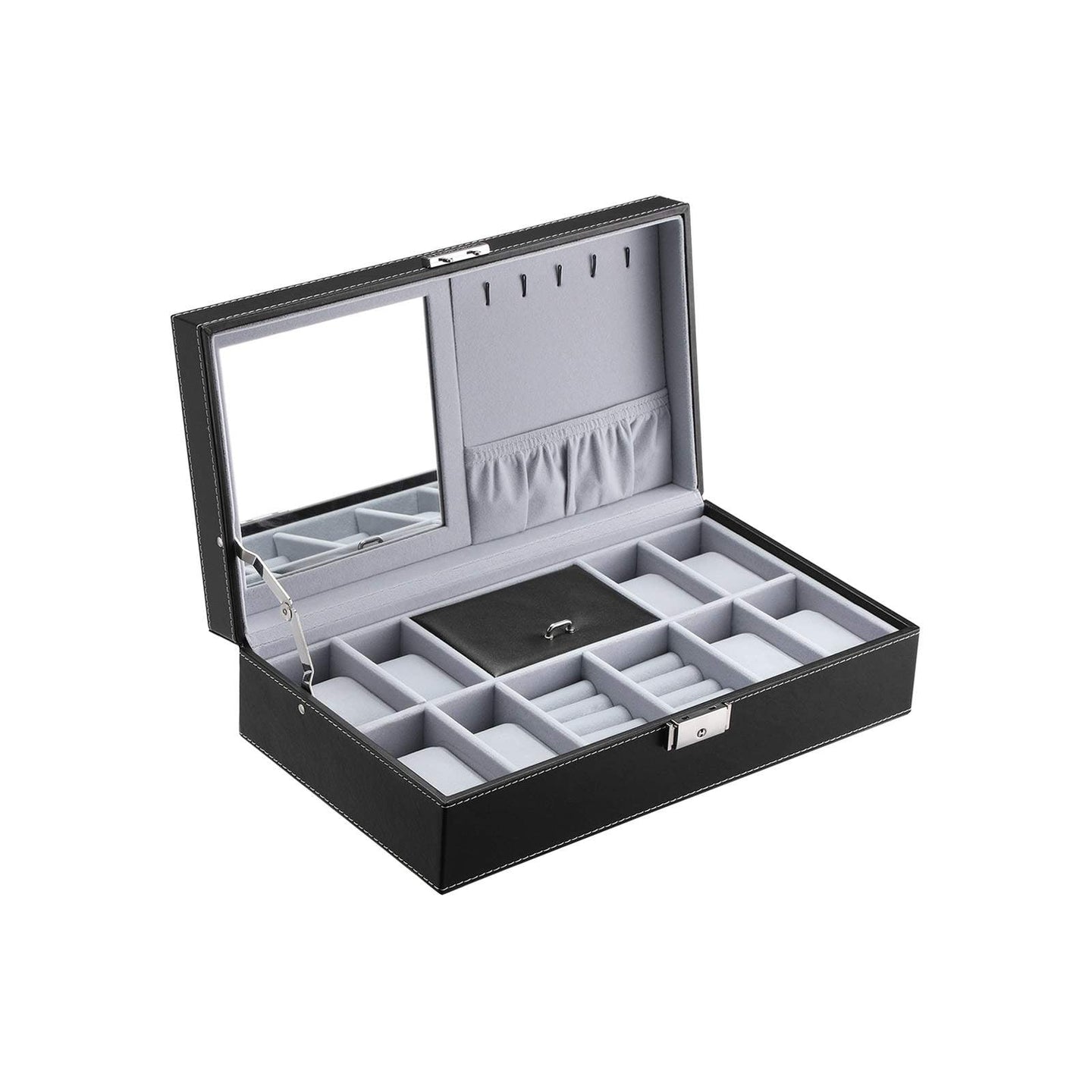 Watch Storage Box - Wood - Black - Lockable with Mirror and Cufflink Compartment for 8 Watches