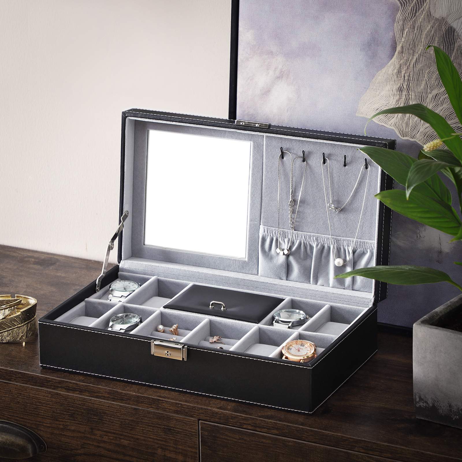 Watch Storage Box - Wood - Black - Lockable with Mirror and Cufflink Compartment for 8 Watches
