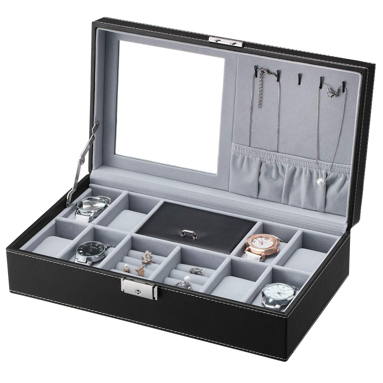 Watch Storage Box - Wood - Black - Lockable with Mirror and Cufflink Compartment for 8 Watches