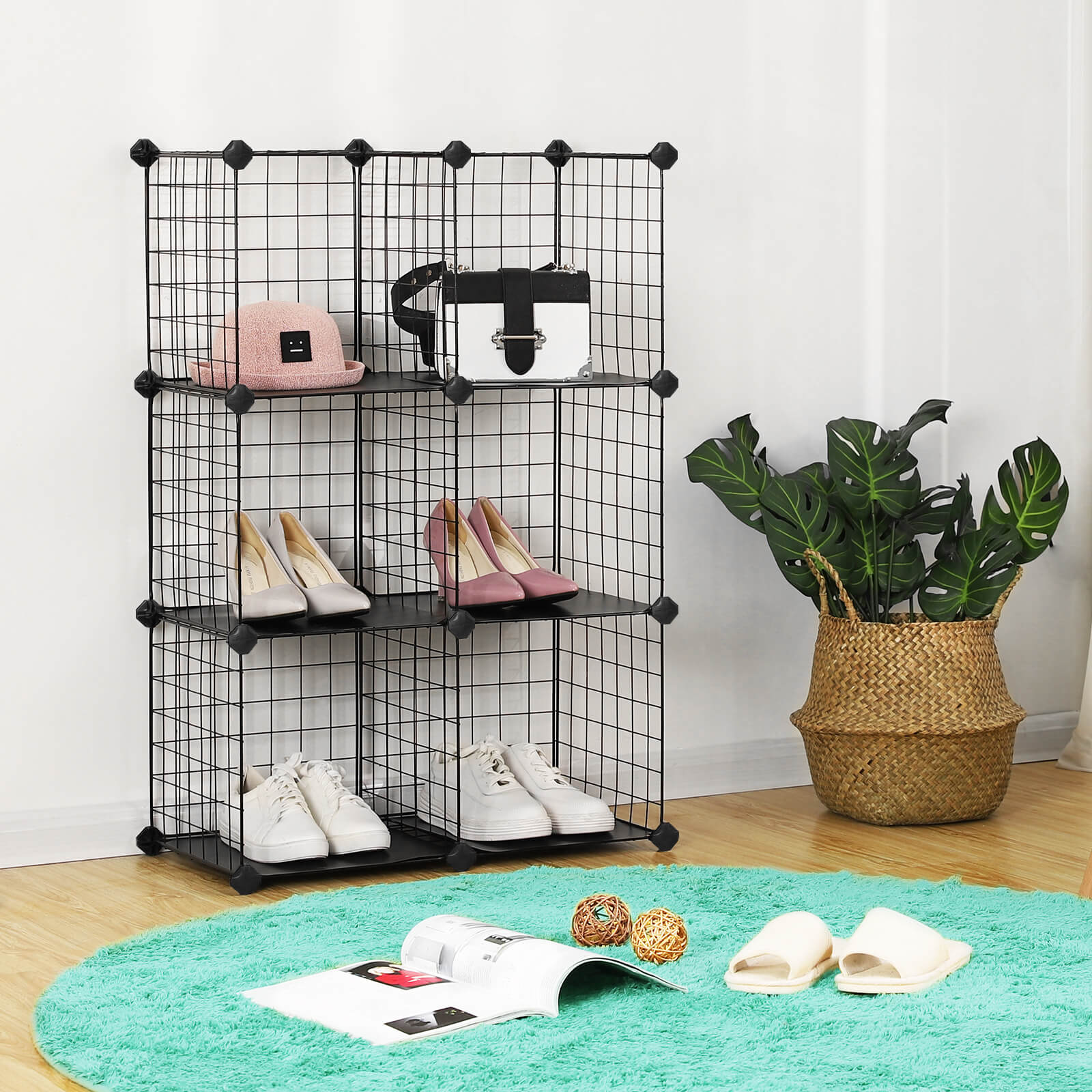 Storage Rack - Metal Wire - Black - Interlocking Design with Plastic Sheets