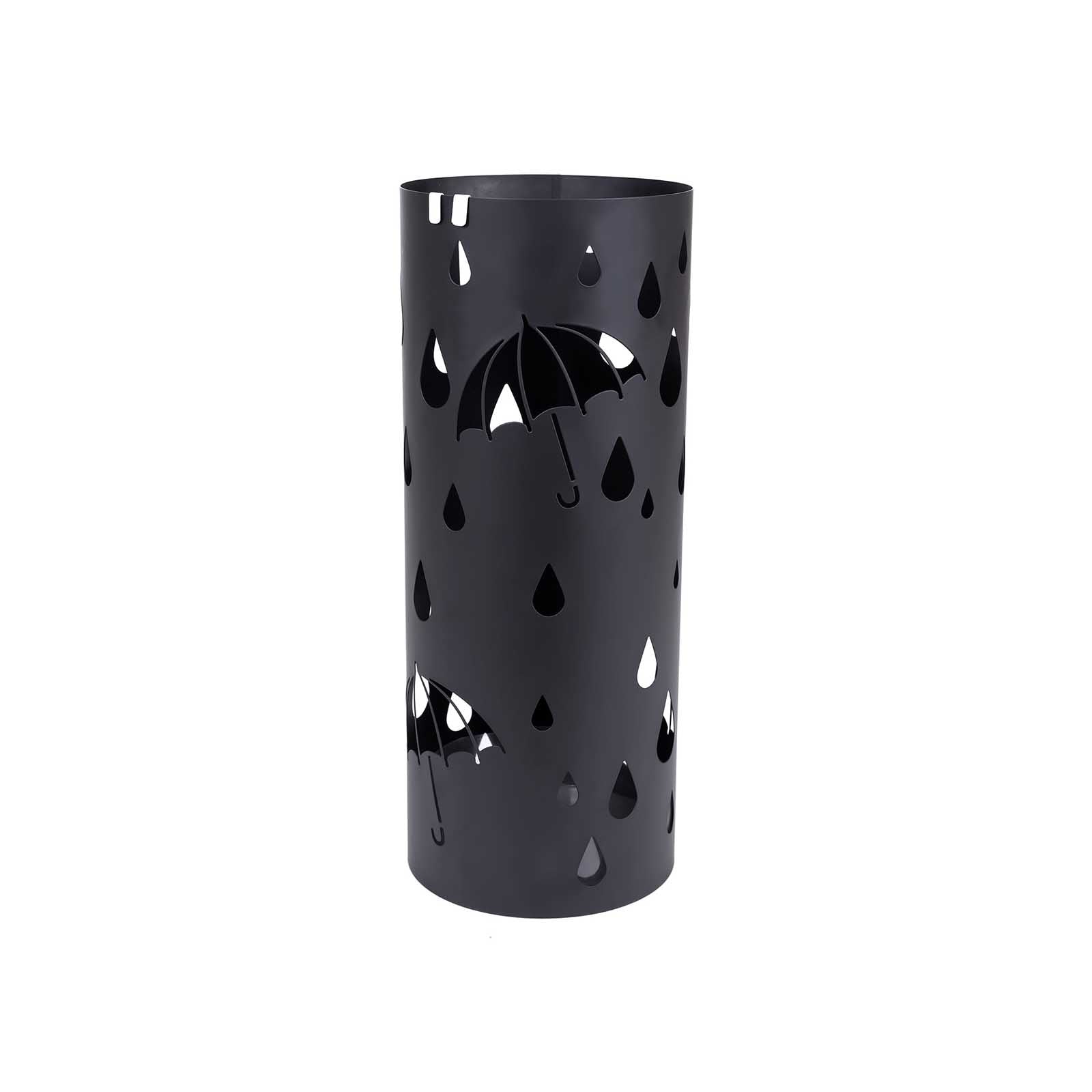 Round Umbrella Stand - Metal - Black - With Hooks and Drip Tray