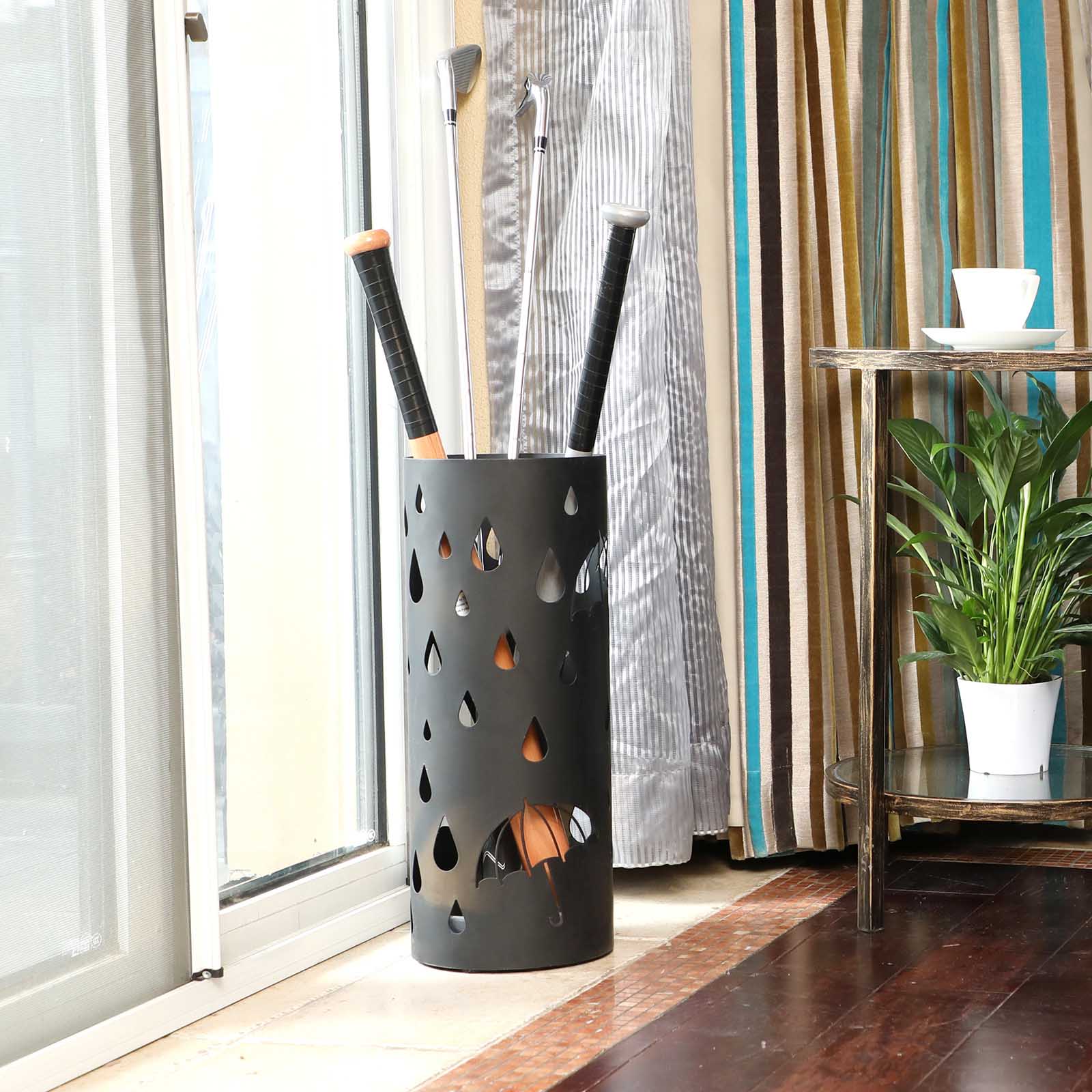 Round Umbrella Stand - Metal - Black - With Hooks and Drip Tray
