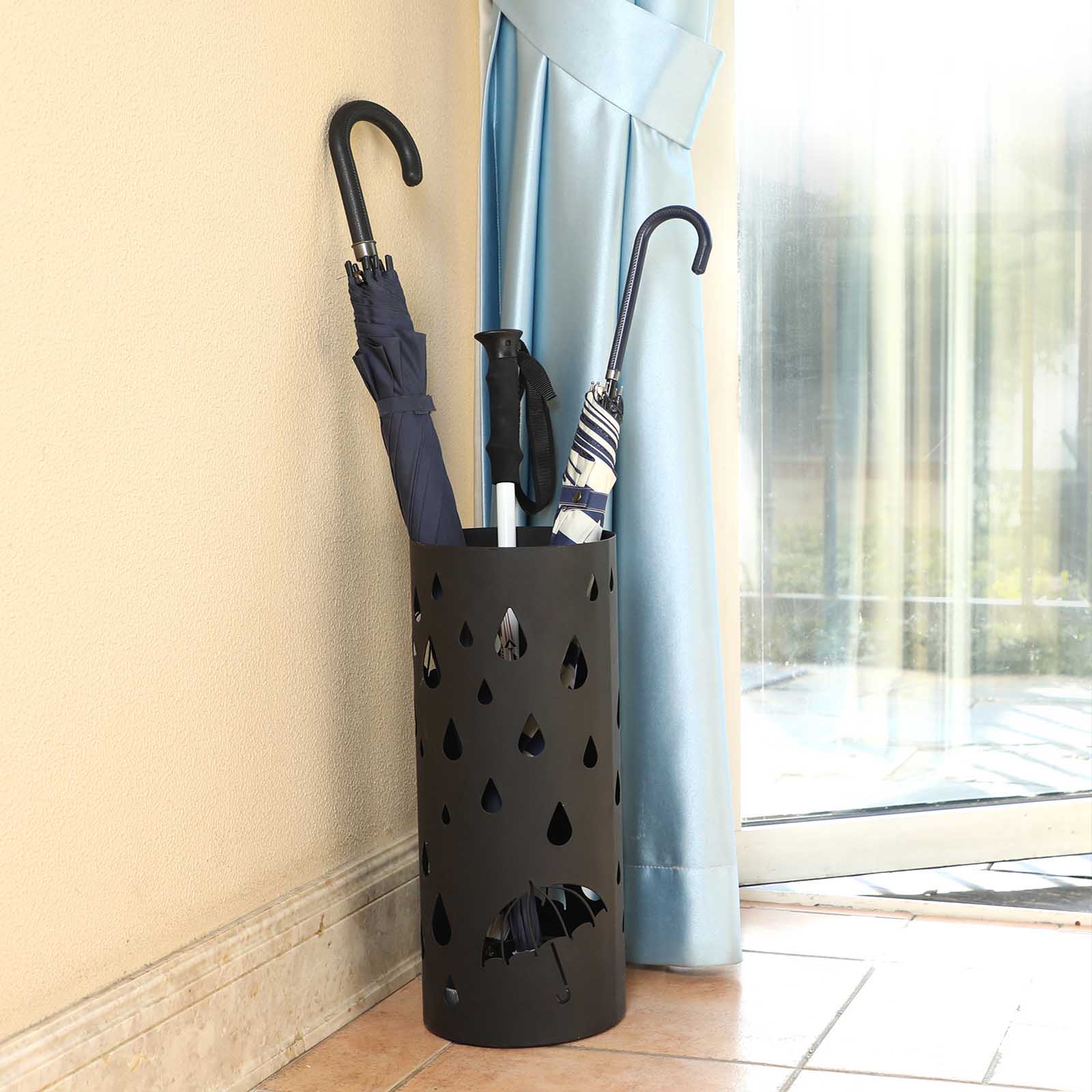 Round Umbrella Stand - Metal - Black - With Hooks and Drip Tray