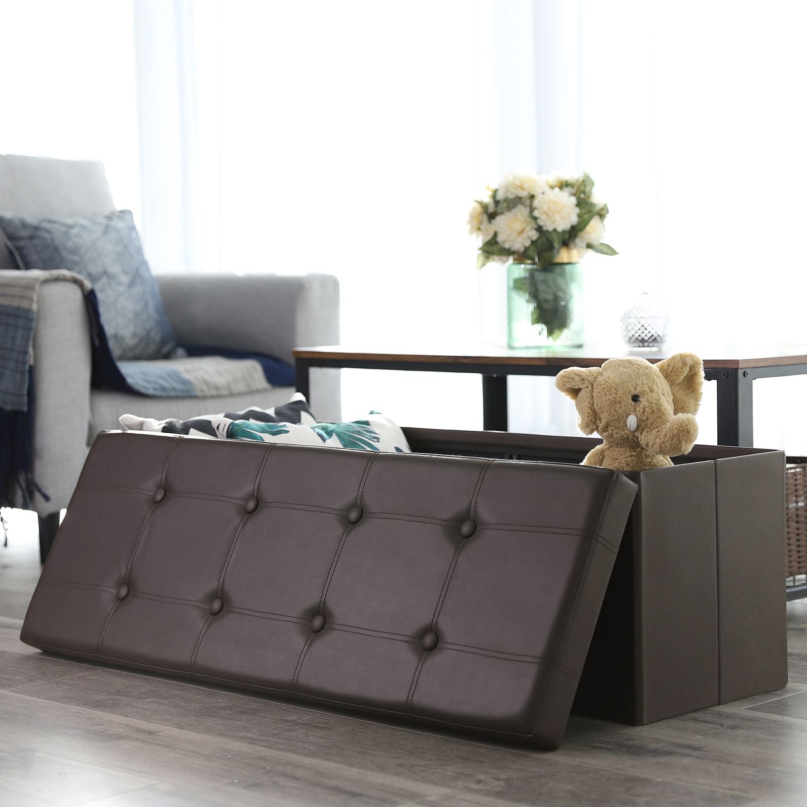 Storage Ottoman Bench - Fabric - Brown - Large Capacity with Max Load 300 kg