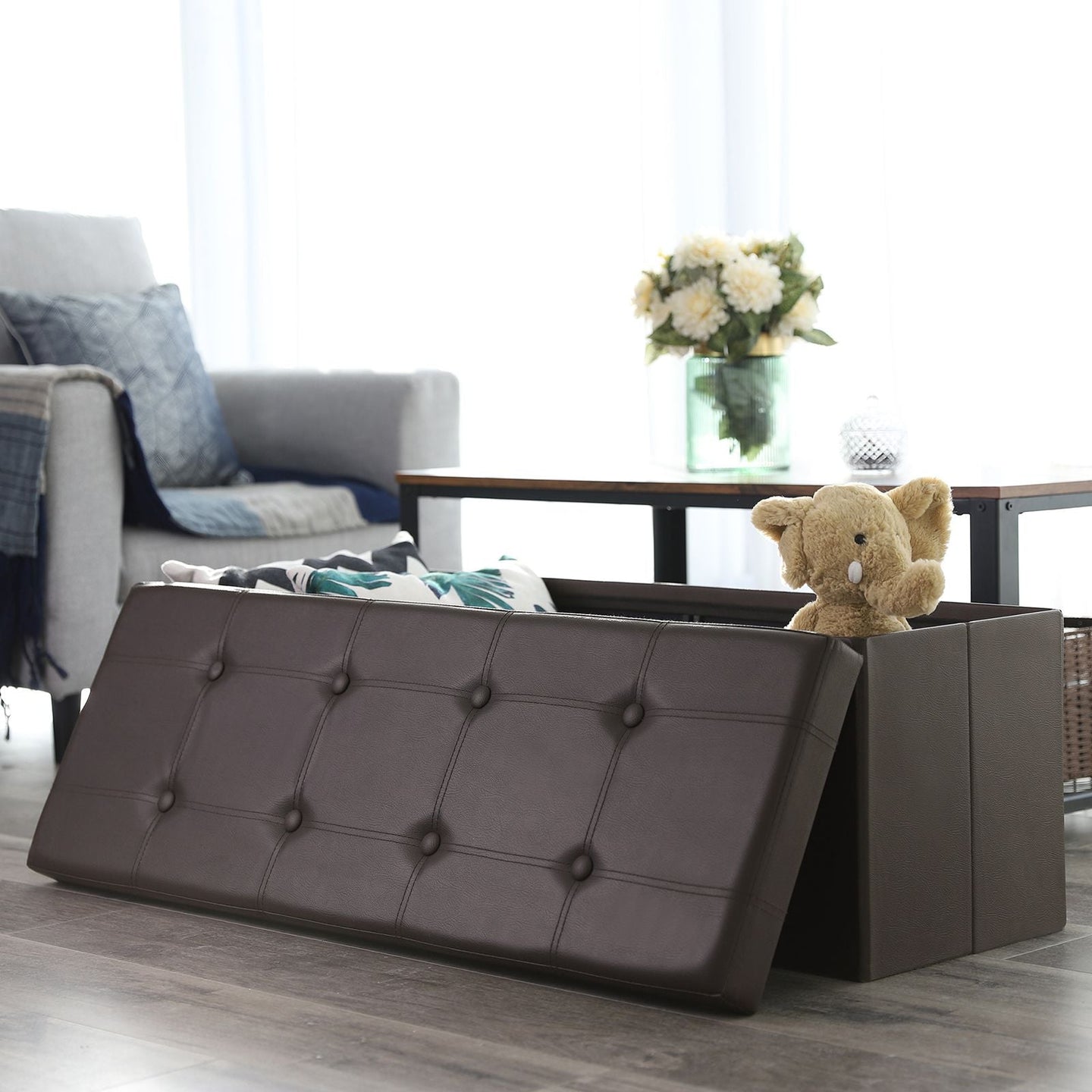 Storage Ottoman Bench - Fabric - Brown - Large Capacity with Max Load 300 kg