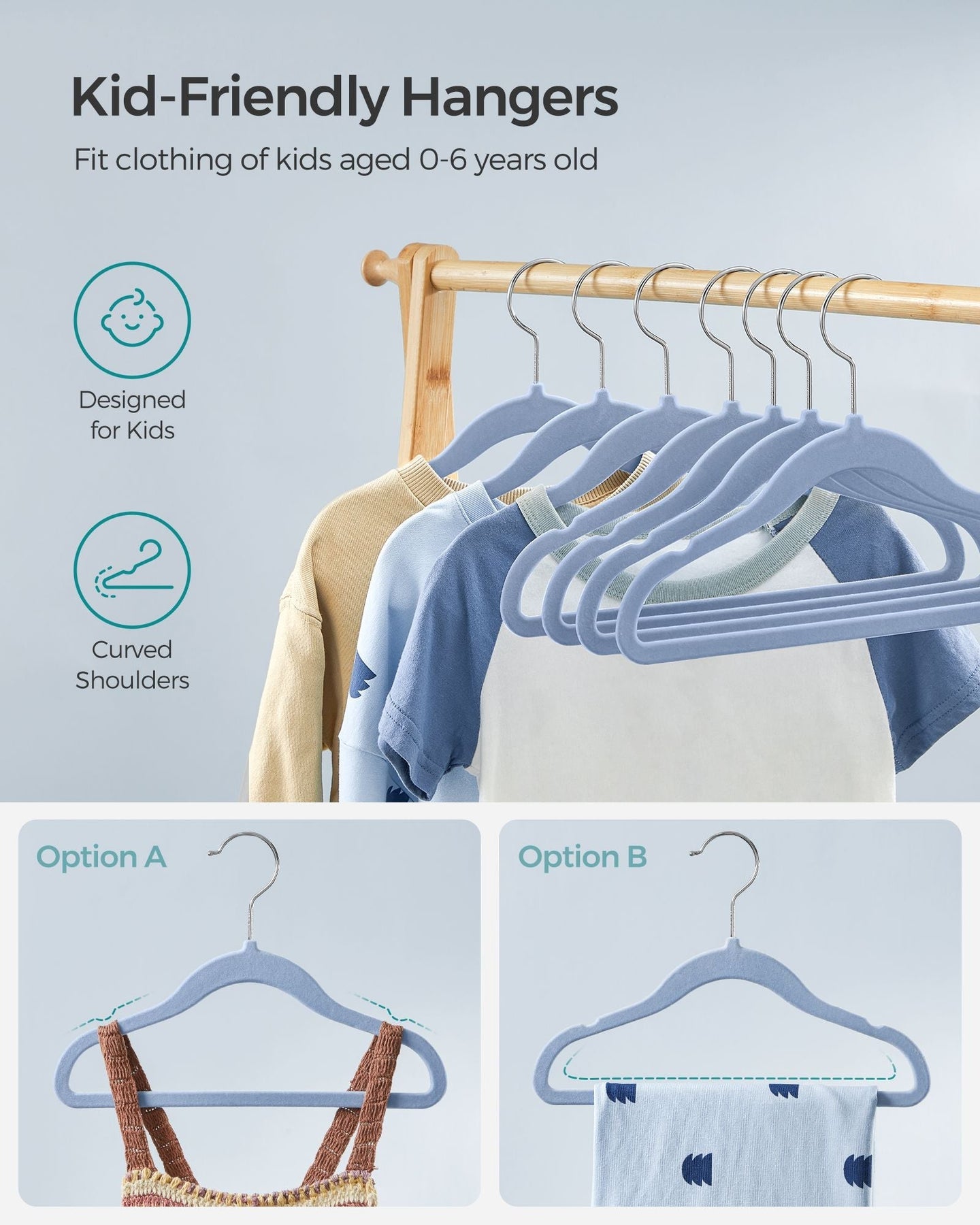 Pack of 50 Velvet Baby Hangers - Velvet - Pale Blue - Non-Slip Design with Rose Gold Hooks