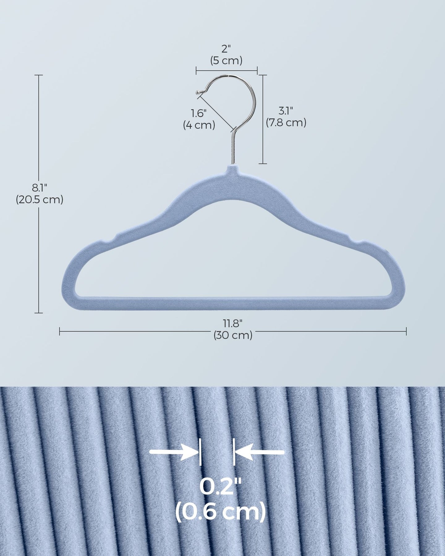 Pack of 50 Velvet Baby Hangers - Velvet - Pale Blue - Non-Slip Design with Rose Gold Hooks