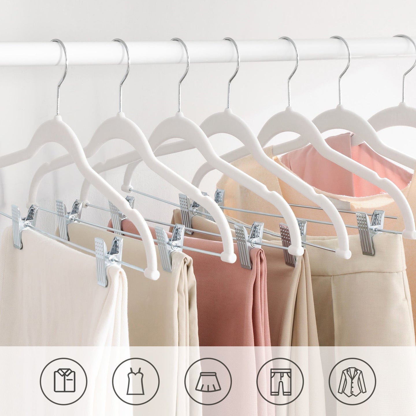 Pants Hangers - Velvet - White - Adjustable Clips