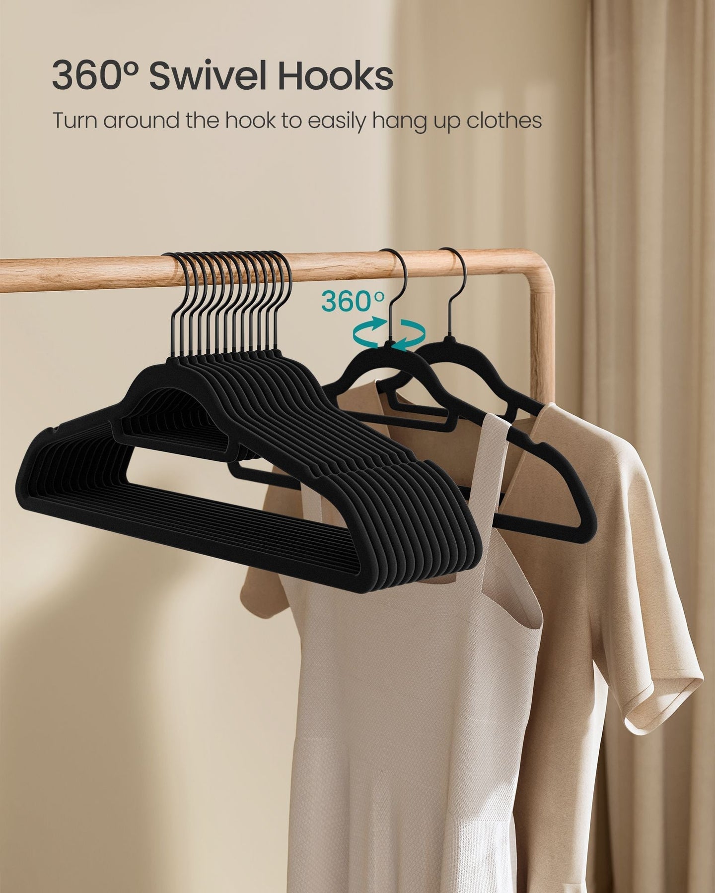 Set of 50 Velvet Coat Hangers - Velvet - Ink Black - Non-Slip with Rose Gold Swivel Hook