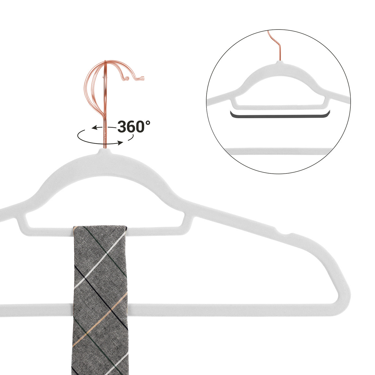 Non-Slip Velvet Clothes Hangers - Velvet - White - 30-Pack with Rose Gold Swivel Hooks