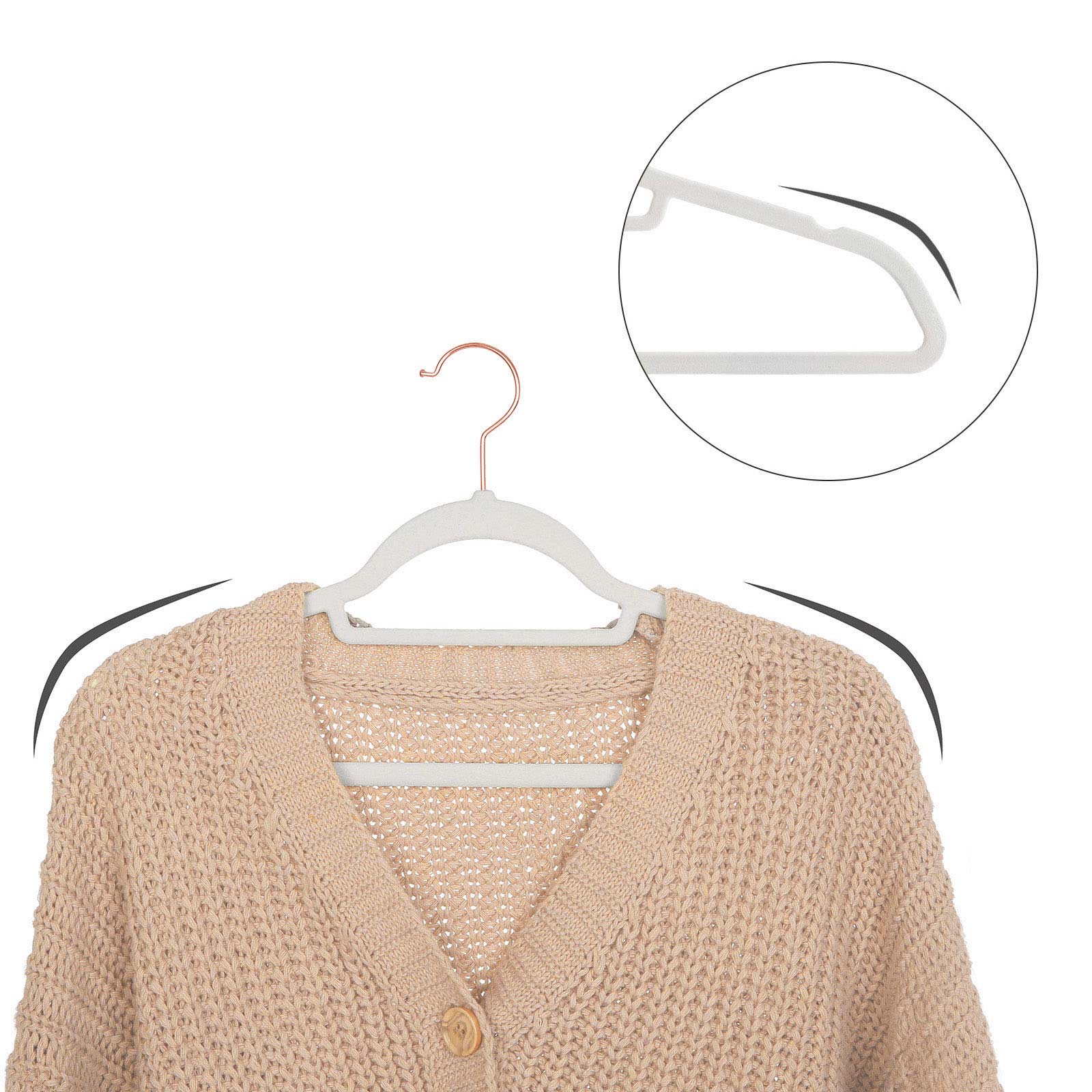 Non-Slip Velvet Clothes Hangers - 50 Pack - White - Space Saving Design with Rose Gold Swivel Hook