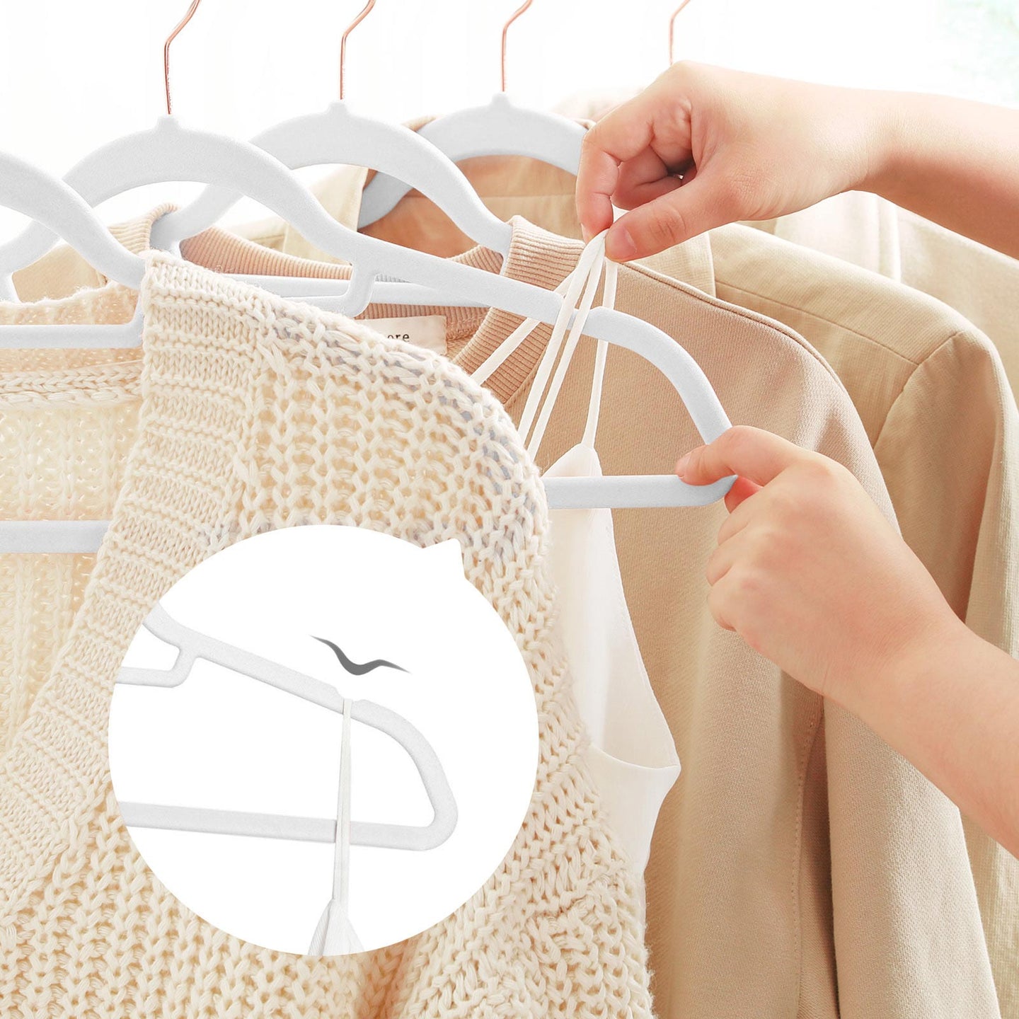 Non-Slip Velvet Clothes Hangers - 50 Pack - White - Space Saving Design with Rose Gold Swivel Hook