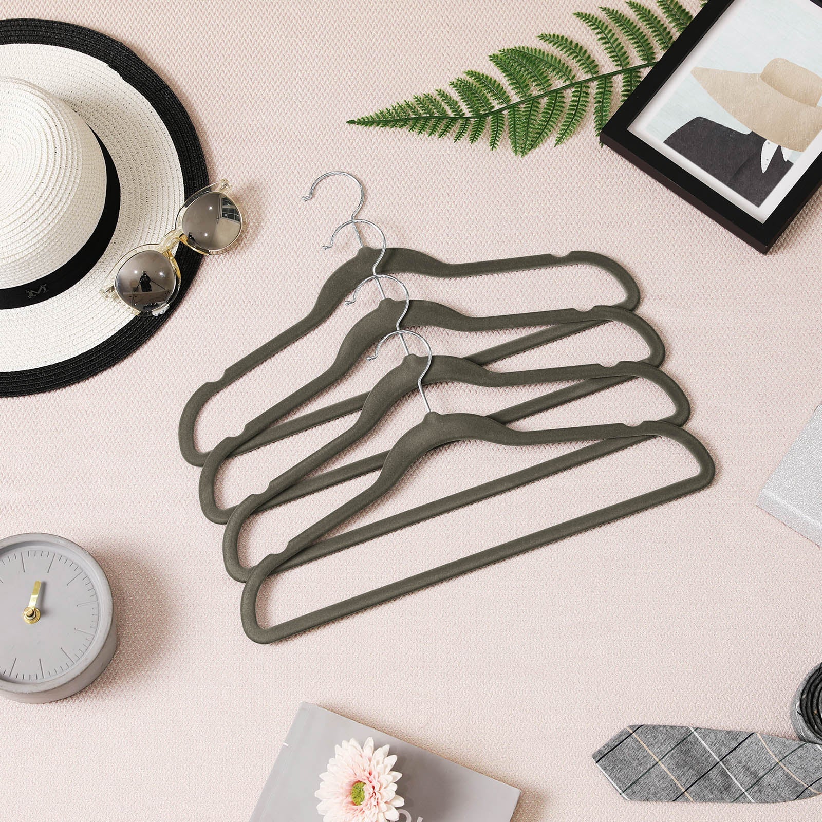 50 Velvet Non-Slip Coat Hangers - Grey - Durable Thin Design with 360° Swivel Hooks