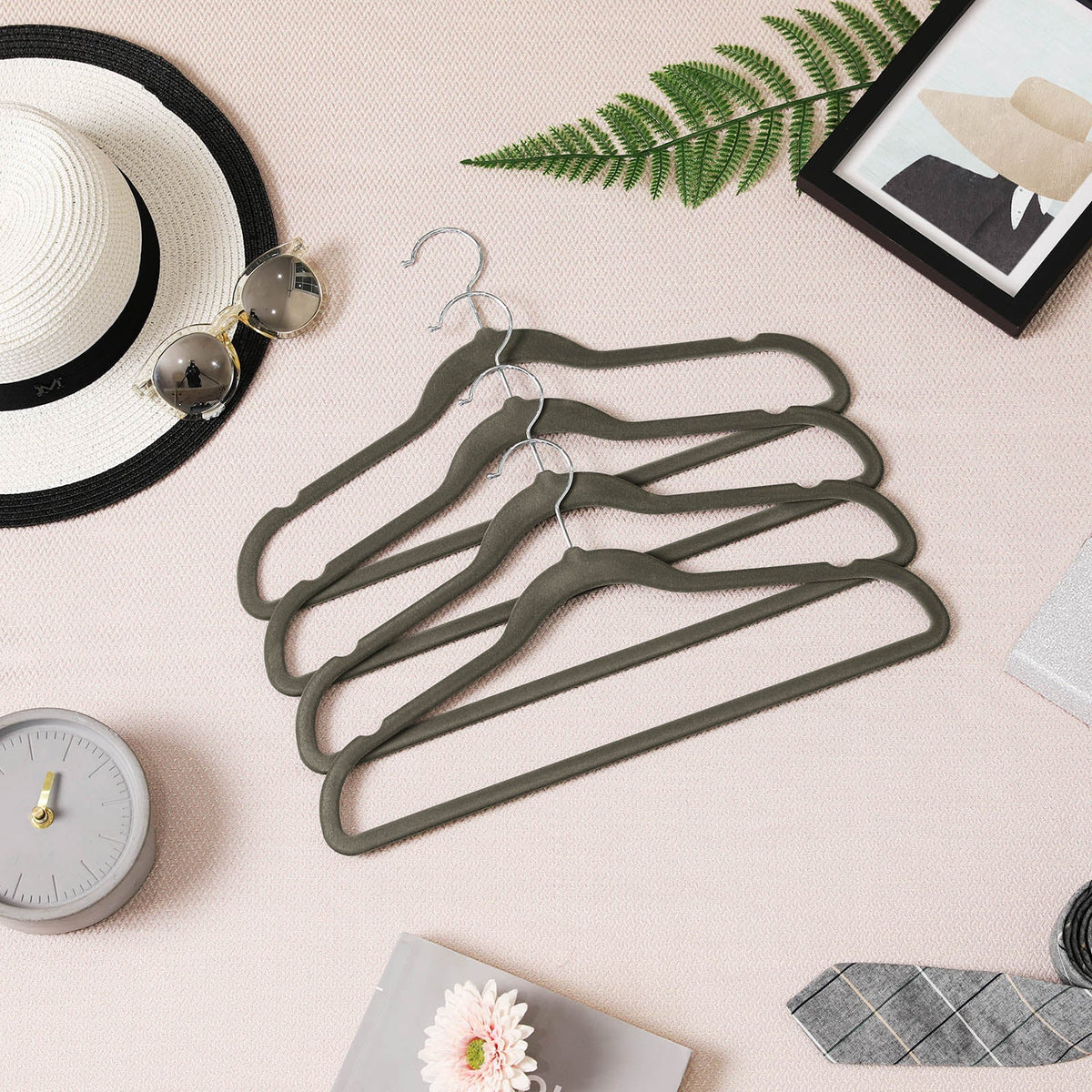 50 Velvet Non-Slip Coat Hangers - Grey - Durable Thin Design with 360° Swivel Hooks