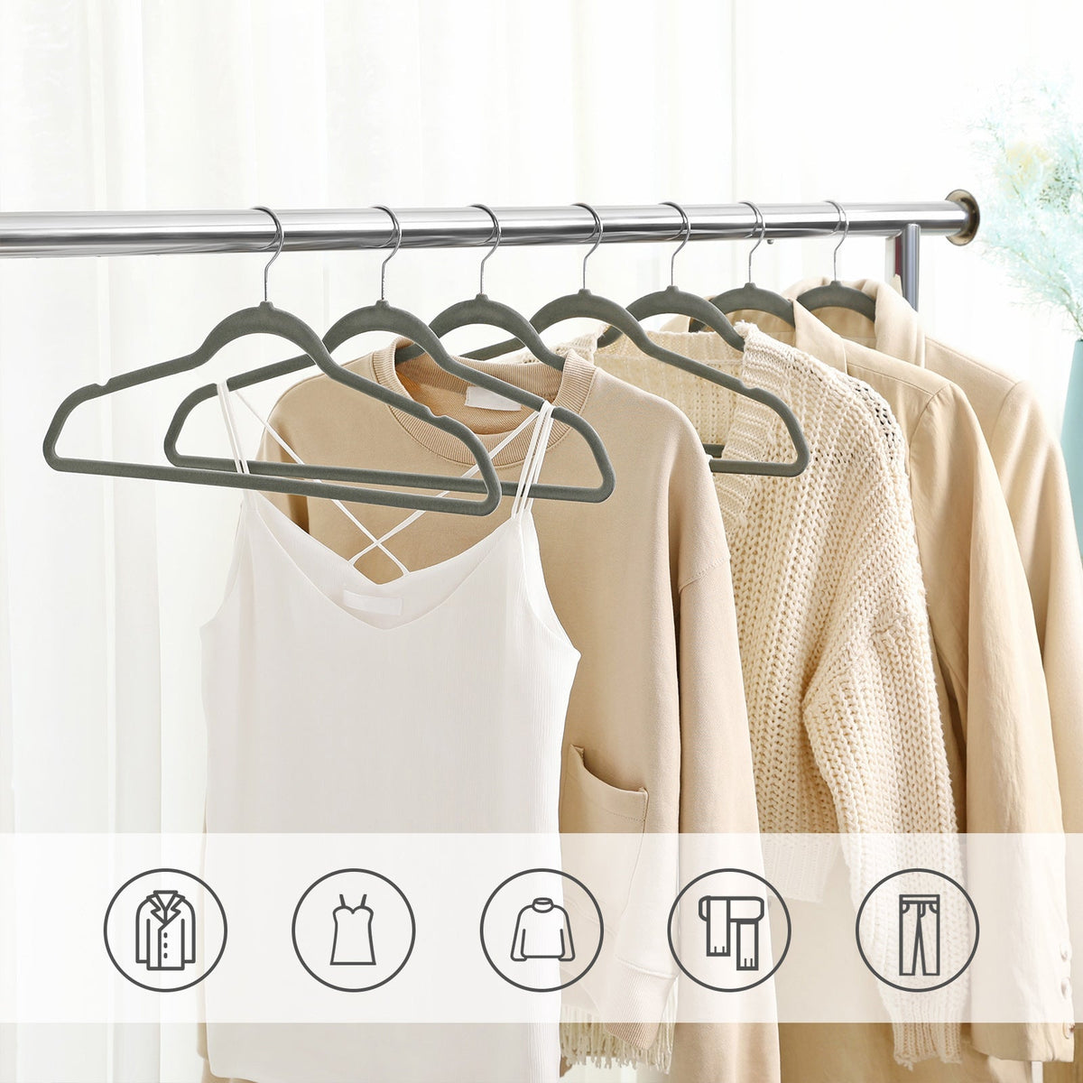 50 Velvet Non-Slip Coat Hangers - Grey - Durable Thin Design with 360° Swivel Hooks
