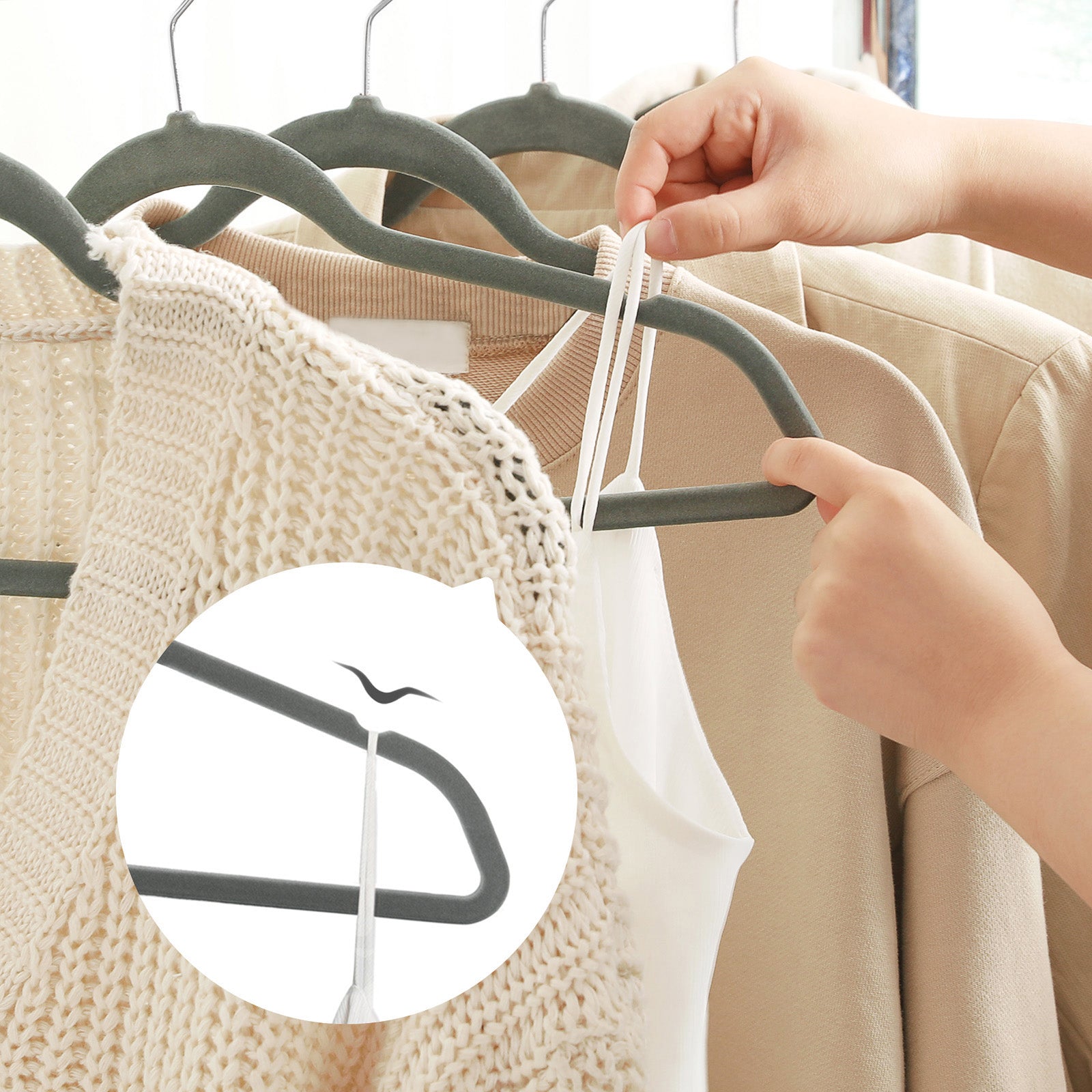 50 Velvet Non-Slip Coat Hangers - Grey - Durable Thin Design with 360° Swivel Hooks