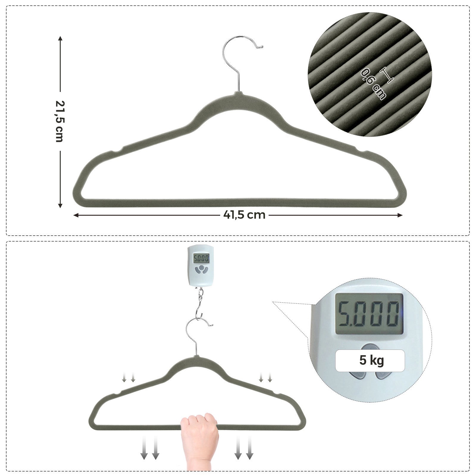 50 Velvet Non-Slip Coat Hangers - Grey - Durable Thin Design with 360° Swivel Hooks