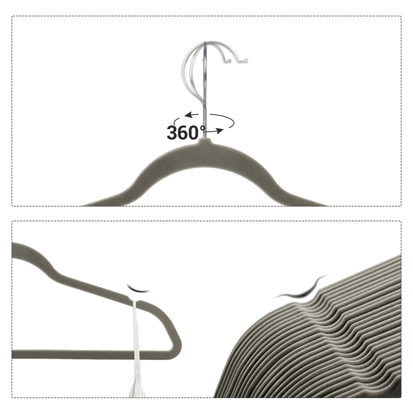 50 Velvet Non-Slip Coat Hangers - Grey - Durable Thin Design with 360° Swivel Hooks