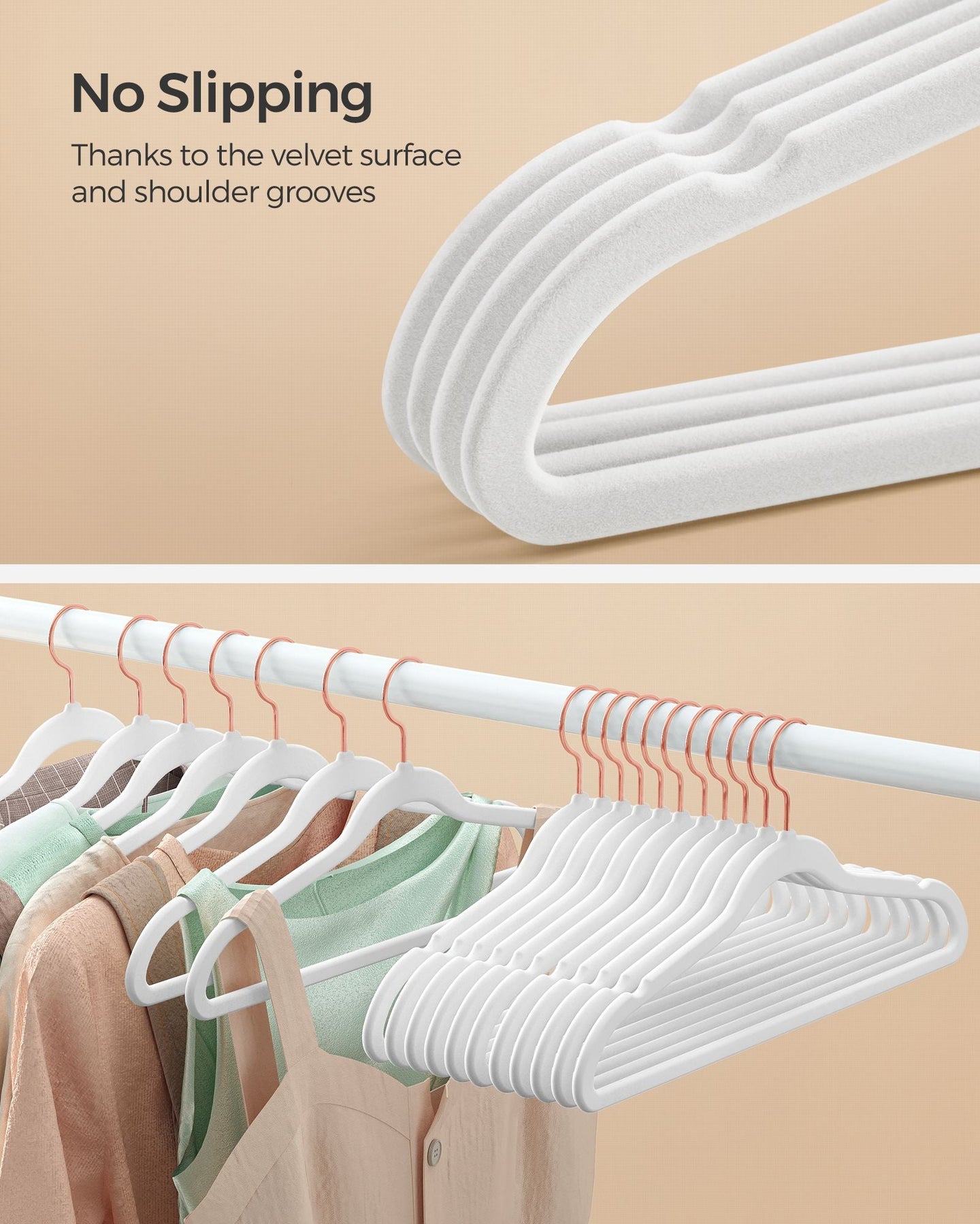 Set of 50 Velvet Hangers - Velvet - White and Rose Gold - 360° Swivel Hooks