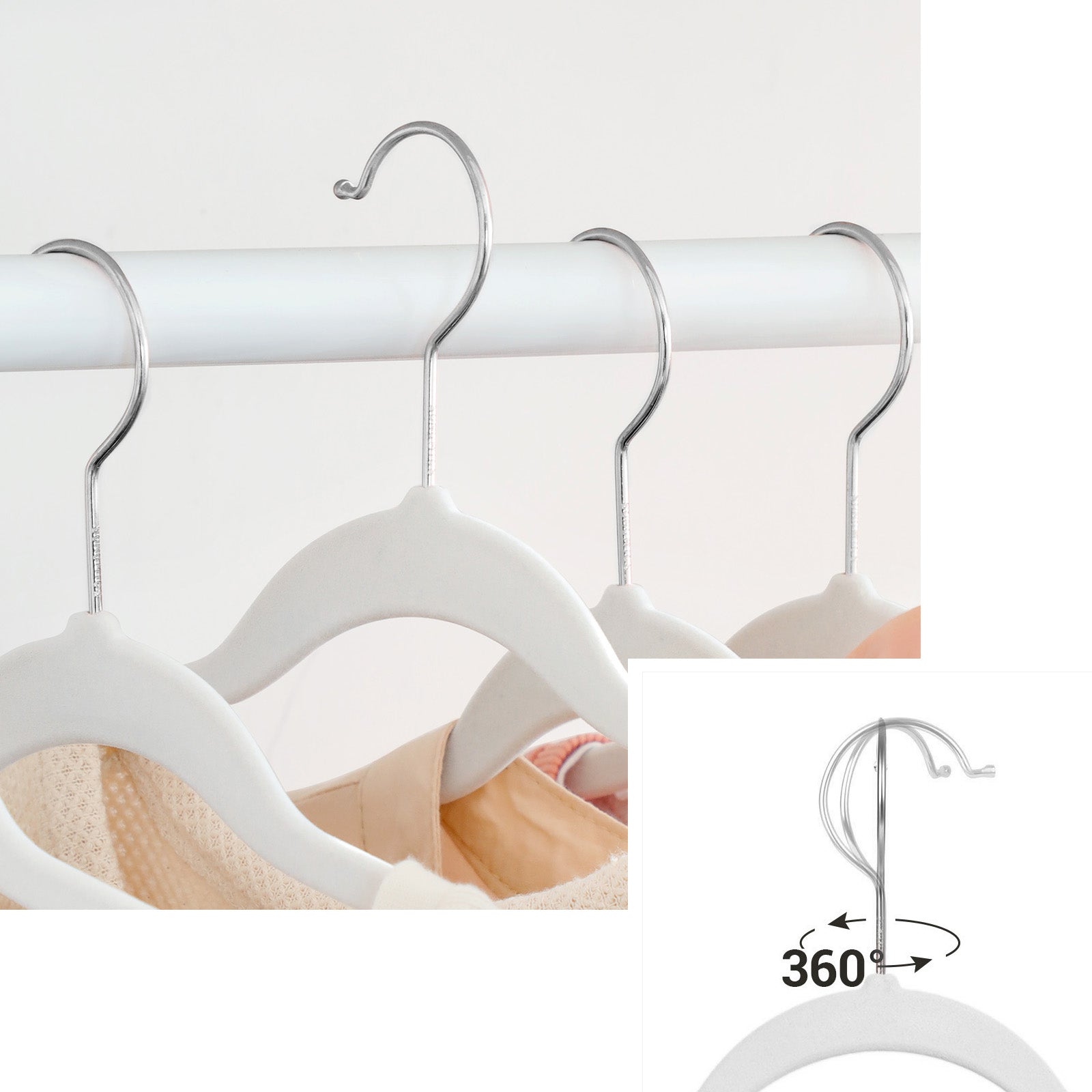 Set of 50 Velvet Non-Slip Hangers - White - Durable with 360° Swivel Hooks