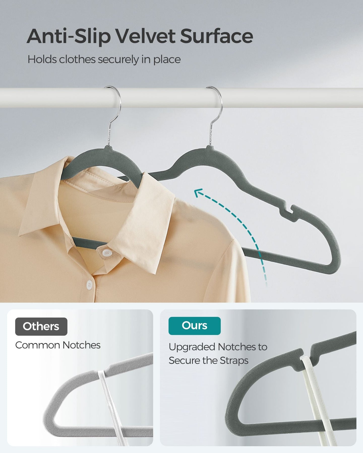 Velvet Coat Hangers - Velvet - Dove Gray - Non-Slip with Shoulder Notches and Trouser Bar