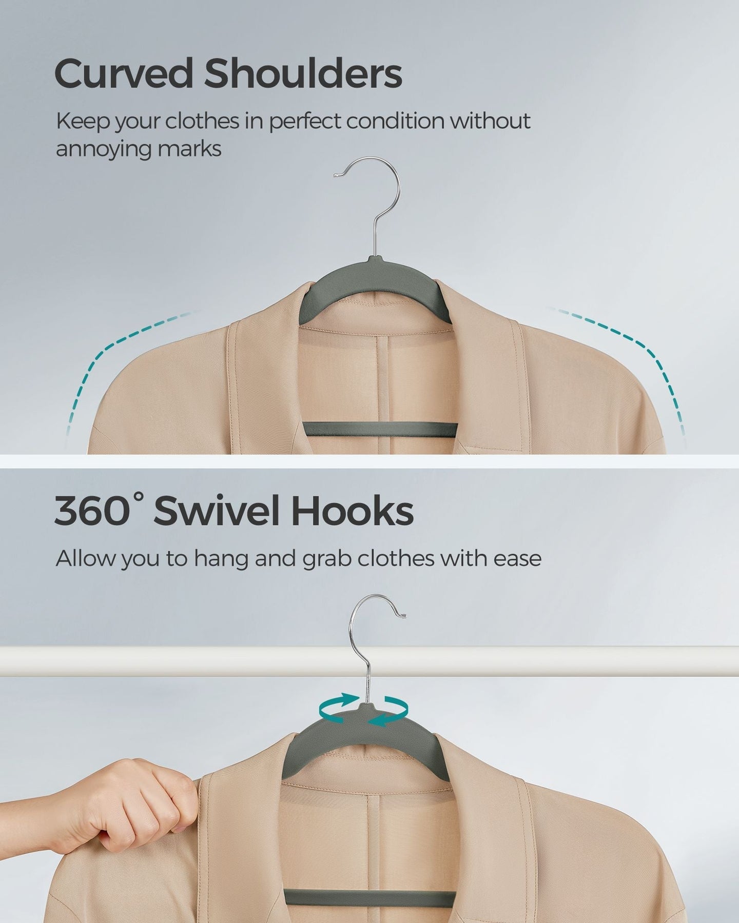Velvet Coat Hangers - Velvet - Dove Gray - Non-Slip with Shoulder Notches and Trouser Bar