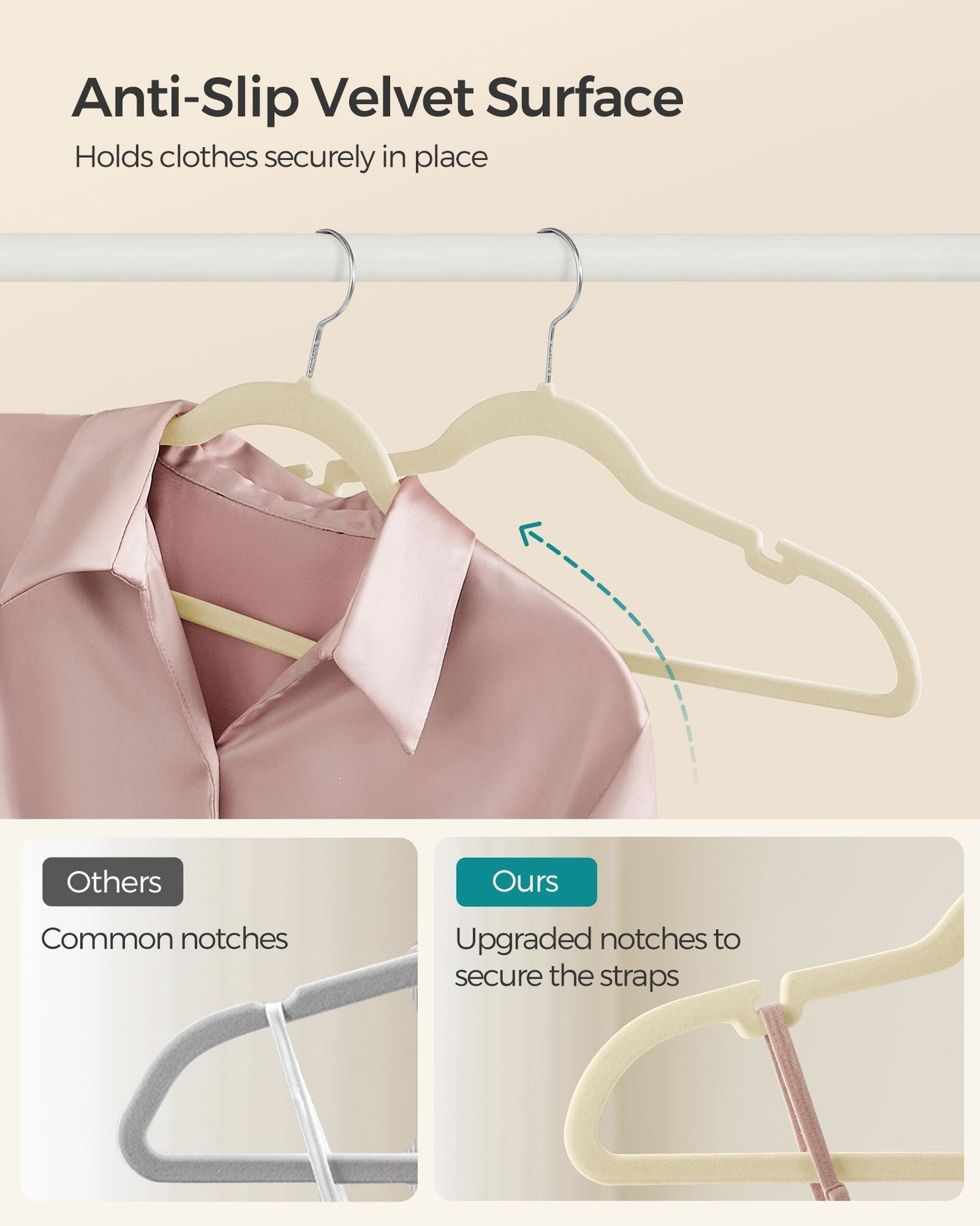 30-Pack Velvet Hangers - Sand Beige - Non-Slip Design with Shoulder Notches and Trouser Bar