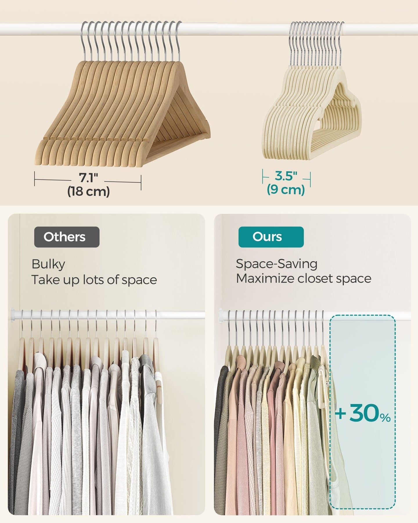 30-Pack Velvet Hangers - Sand Beige - Non-Slip Design with Shoulder Notches and Trouser Bar