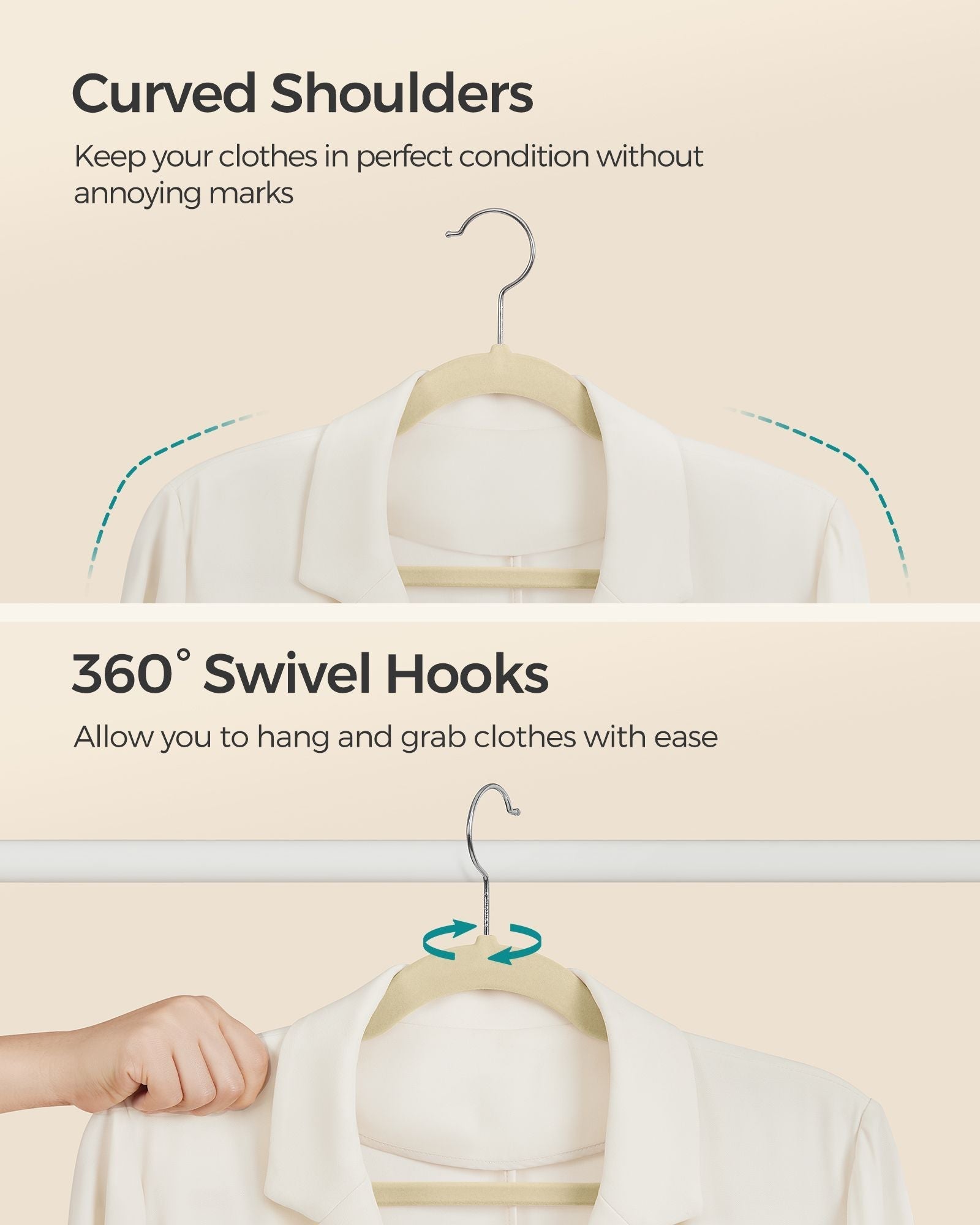 Velvet Hangers - 50-Pack - Sand Beige - Non-Slip Design with 360° Swivel Hook
