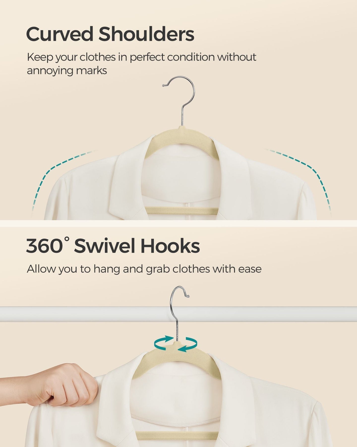 Velvet Hangers - 50-Pack - Sand Beige - Non-Slip Design with 360° Swivel Hook