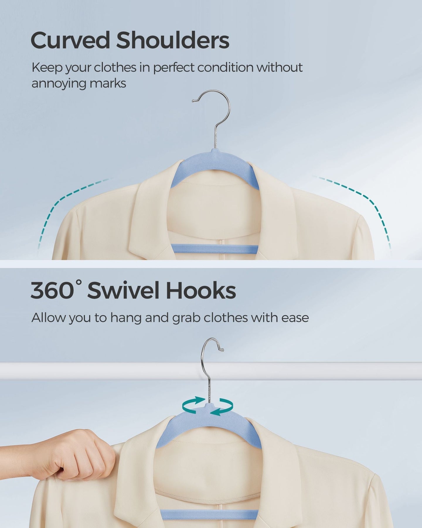Velvet Hangers - 50-Pack - Pale Blue - Non-Slip Design with Shoulder Notches and Trouser Bar