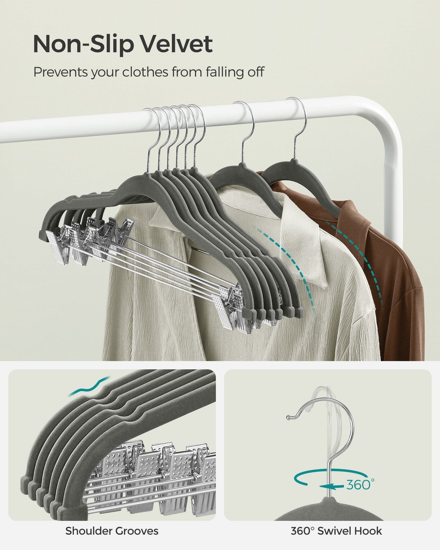 Set of 20 Velvet Hangers - Velvet - Grey - Adjustable Clips
