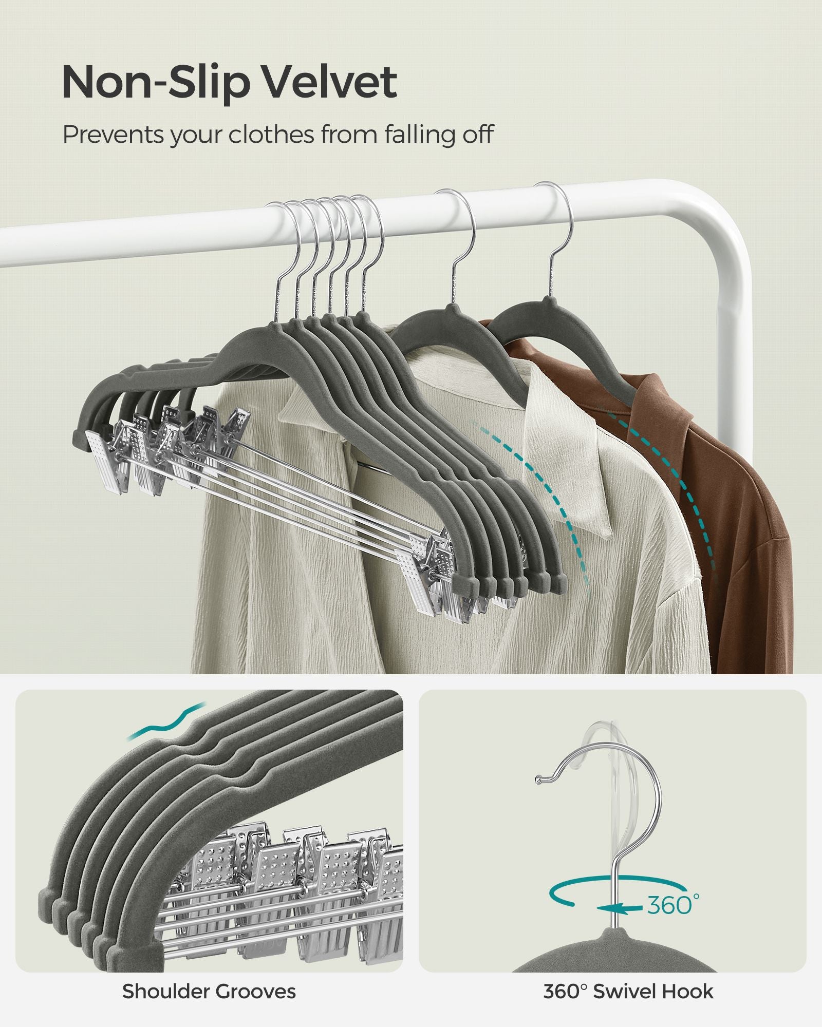 Trouser Hangers - ABS Plastic and Nylon Velvet - Grey