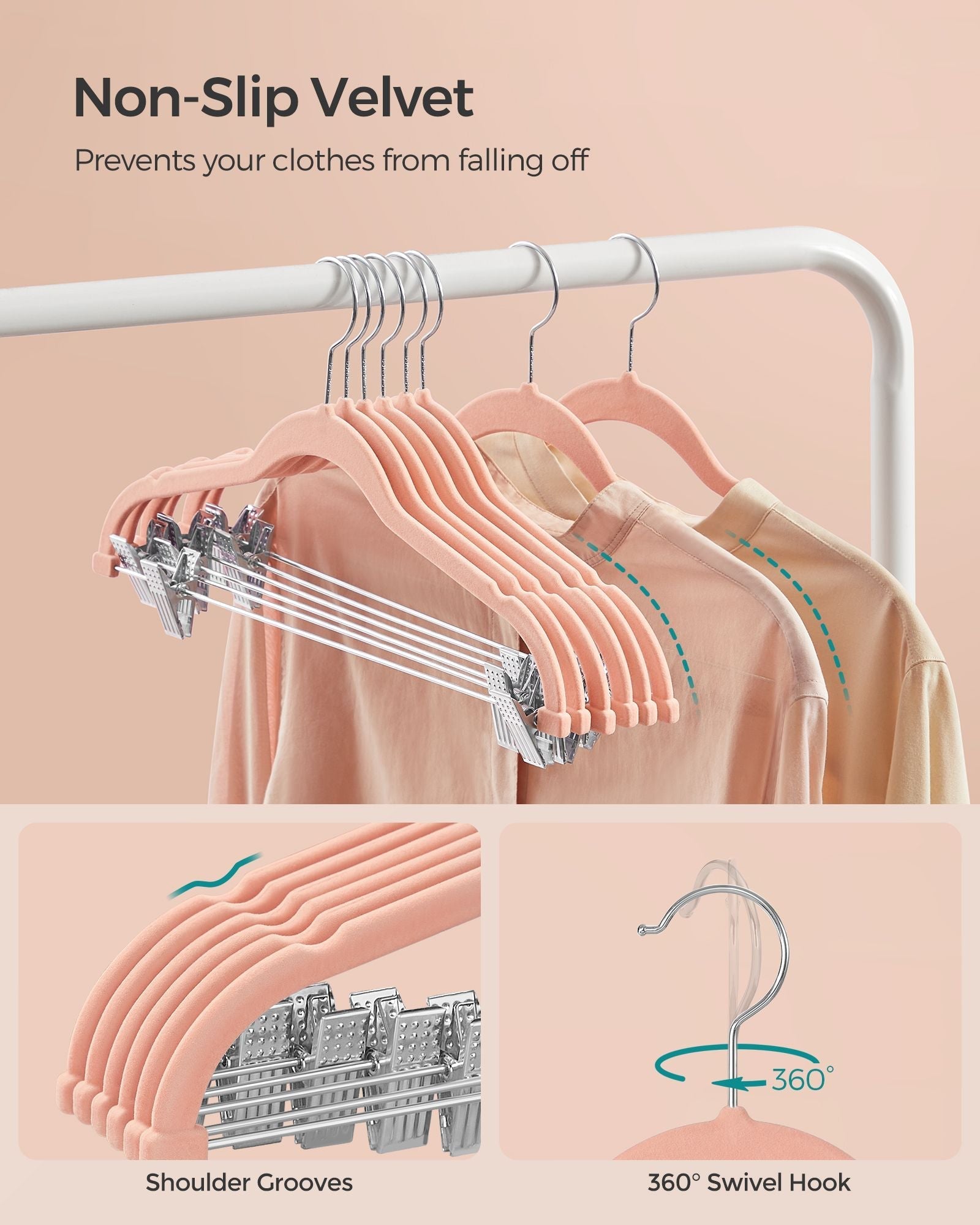 Set of 10 Velvet Hangers - Velvet - Pink - Adjustable Clips