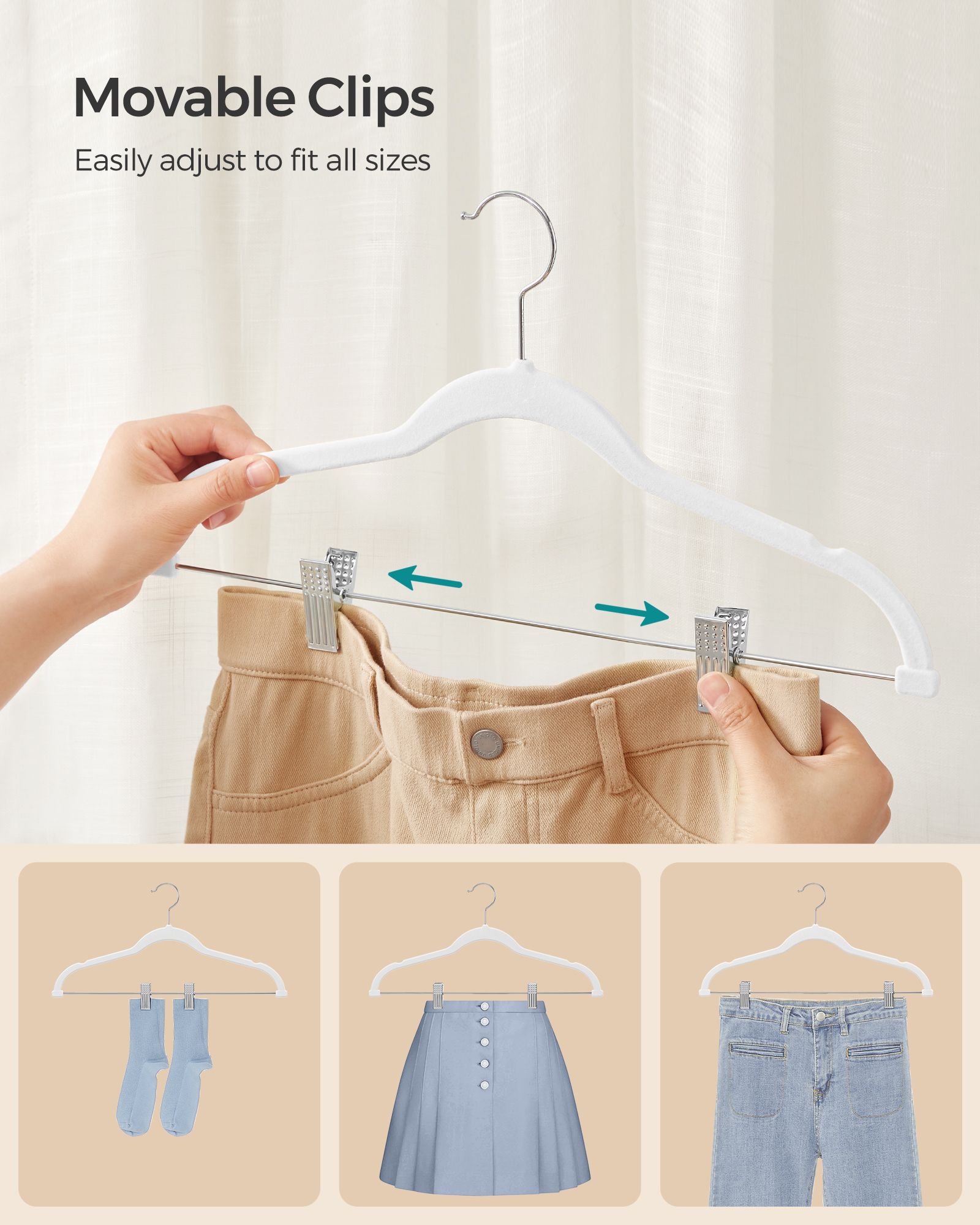 Set of 20 Velvet Hangers - Velvet - White - Adjustable Clips and Non-slip Design