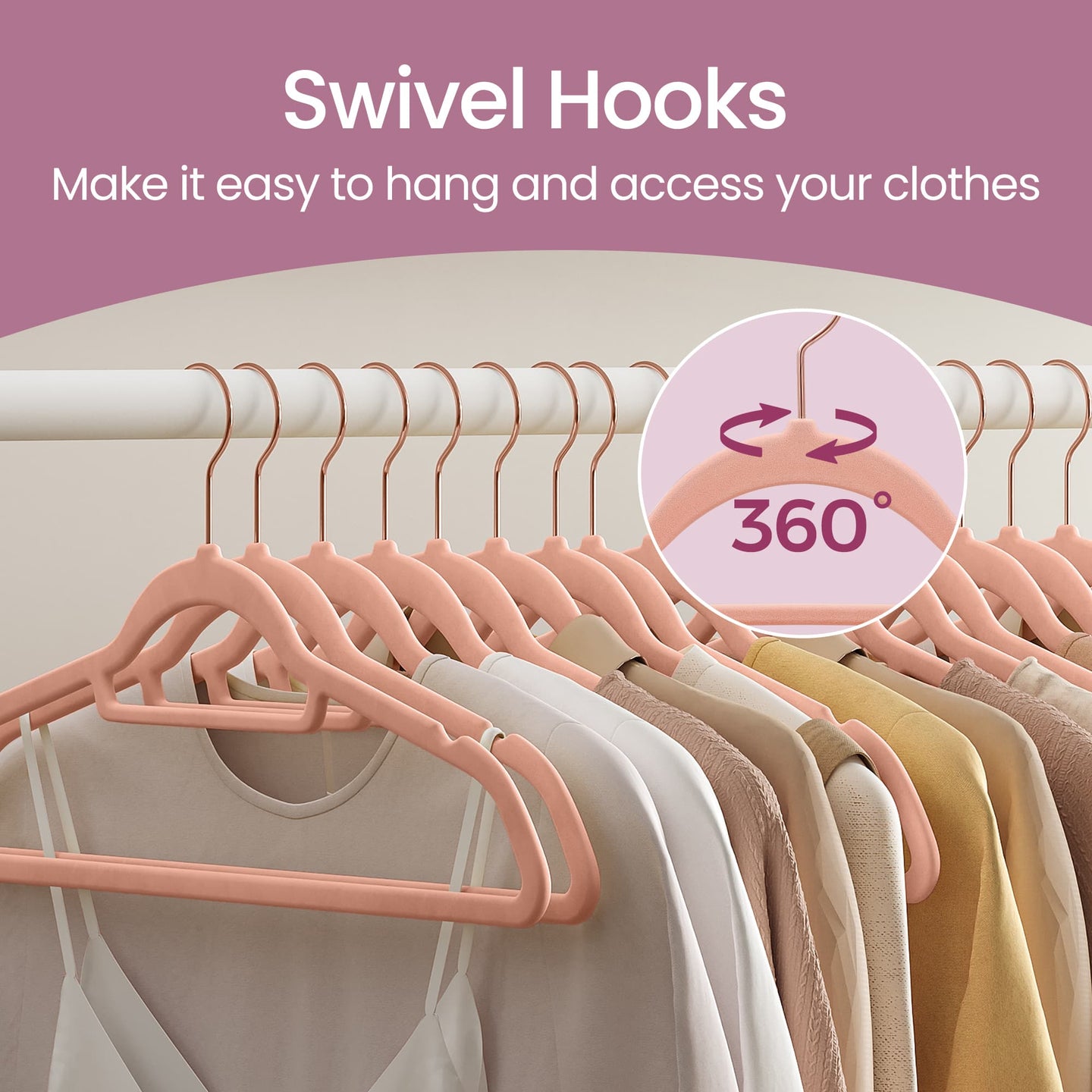 Velvet Hangers - Velvet - Coral Pink - Set of 50 with Rose Gold Swivel Hook