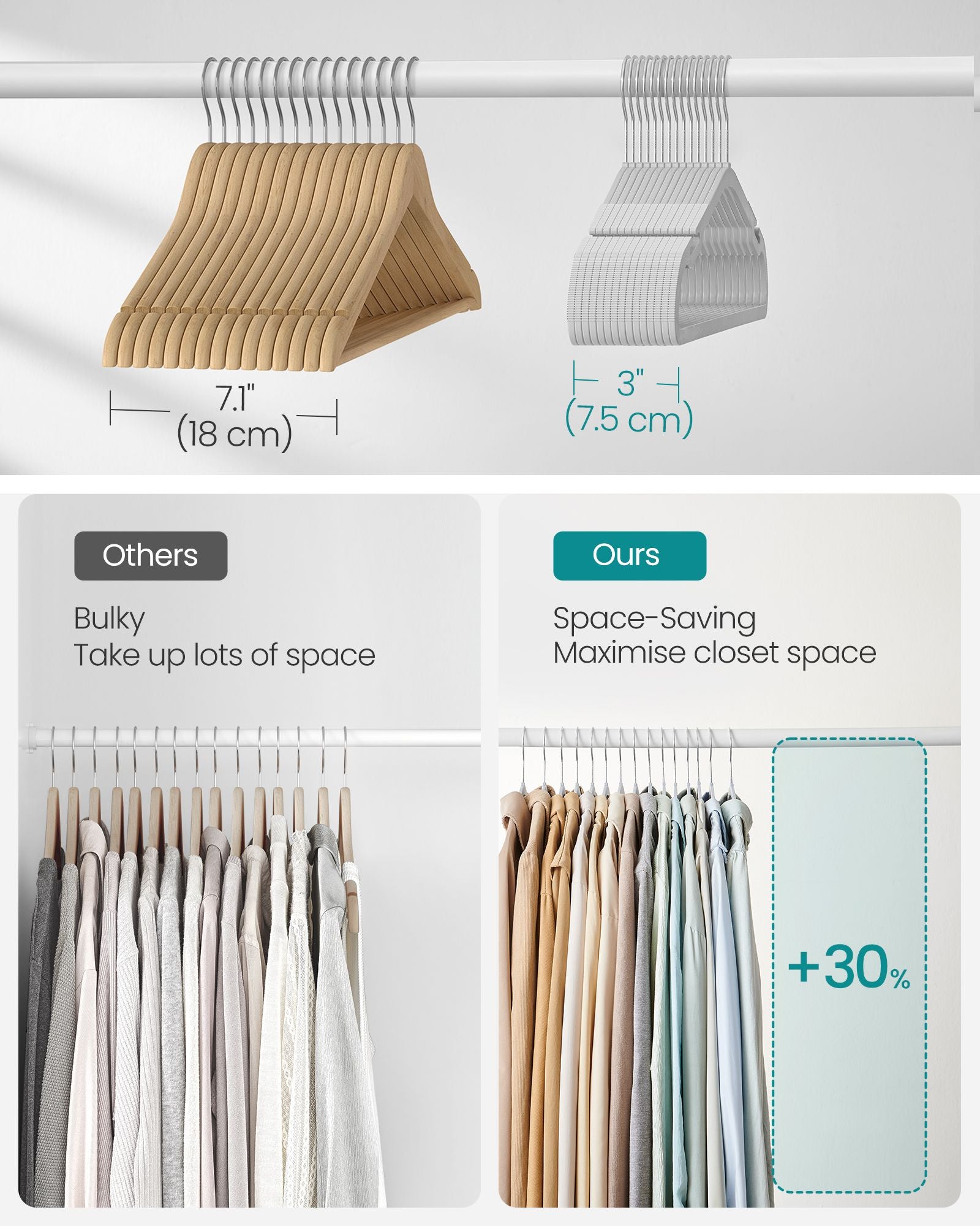 Pack of 30 Heavy-Duty Plastic Hangers - Dove Grey - Wide Shoulder Notches and Trousers Bar