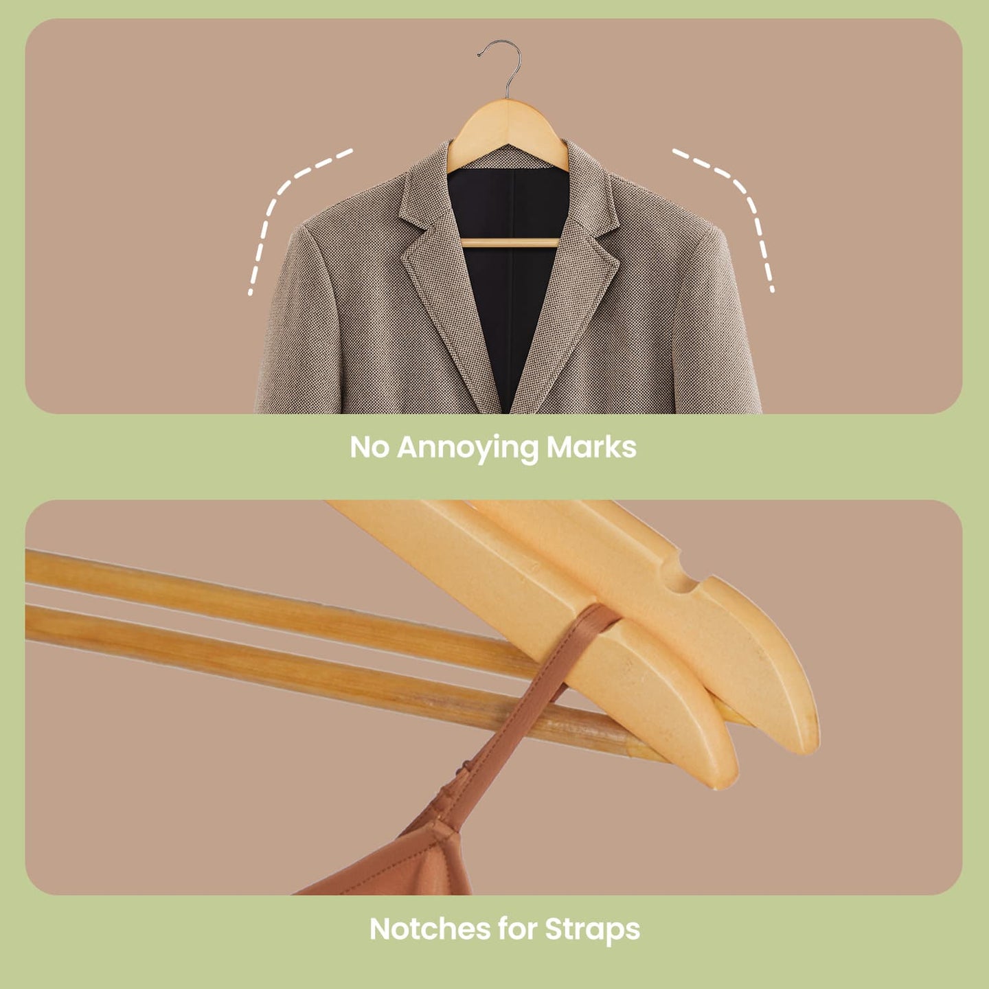 Wooden Coat Hangers - Solid Wood - Natural - Set of 10