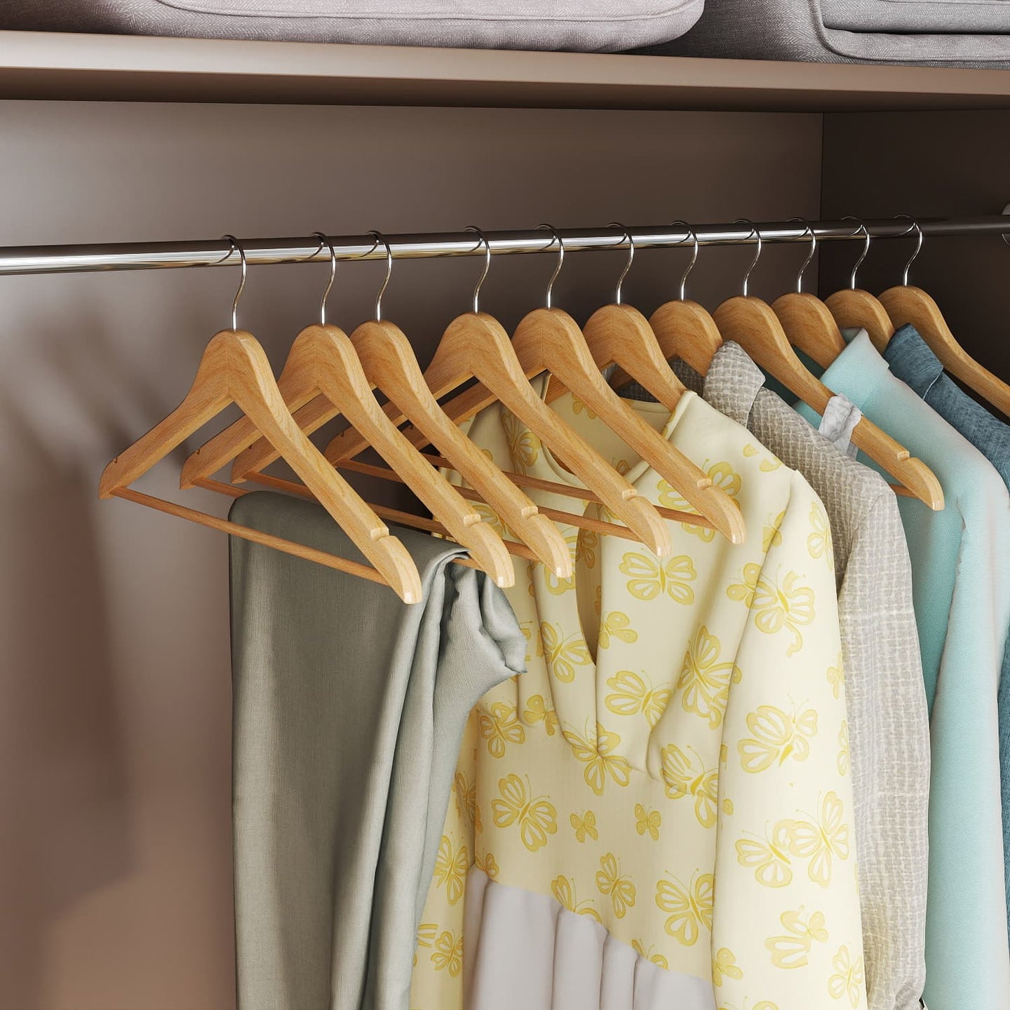 Wooden Hangers - Solid Wood - Natural - Set of 20 with Notches and Non-Slip Bar