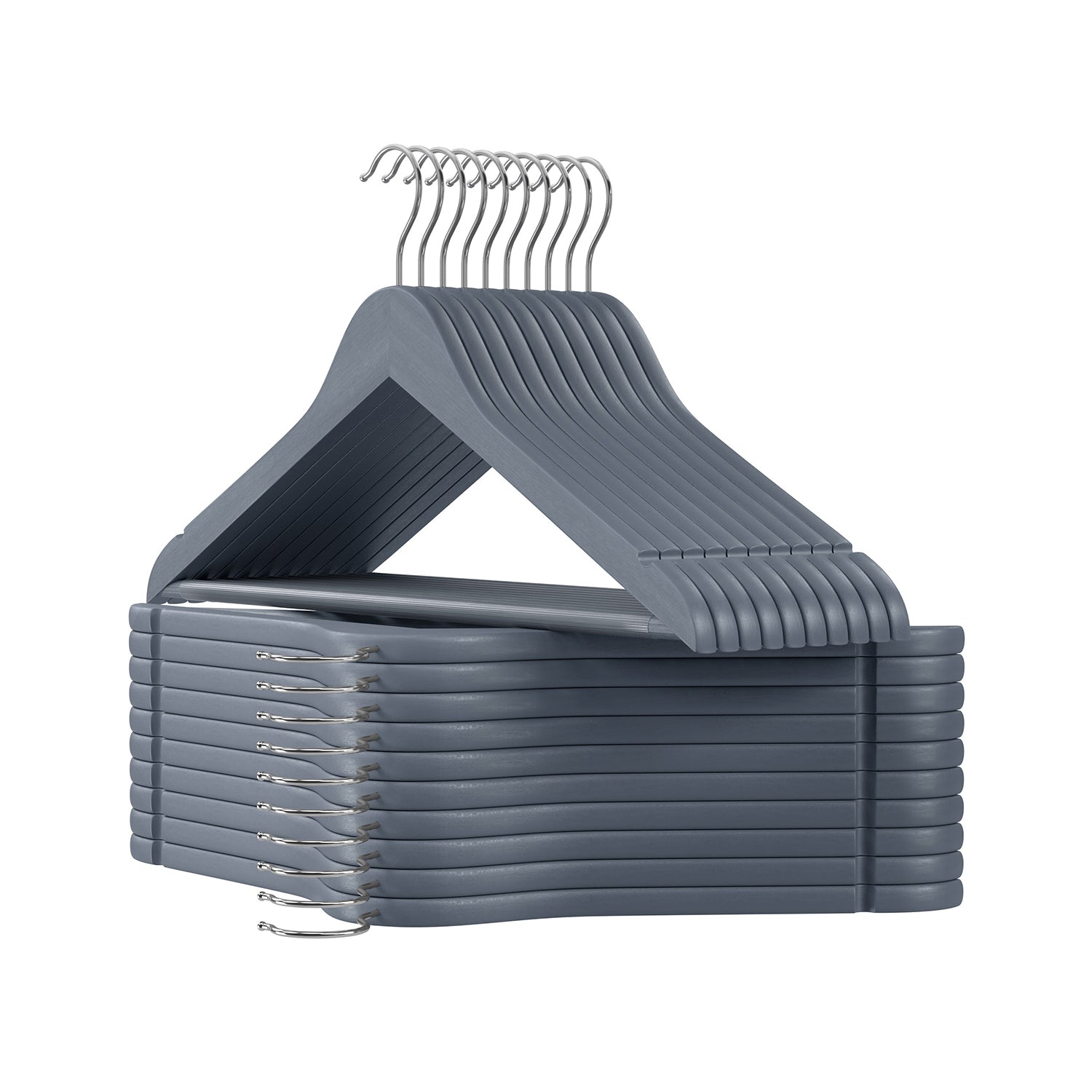 Wooden Hangers - Maple Wood - Lead Grey and Silver - Set of 20 with Shoulder Notches and Anti-Slip Trousers Bar
